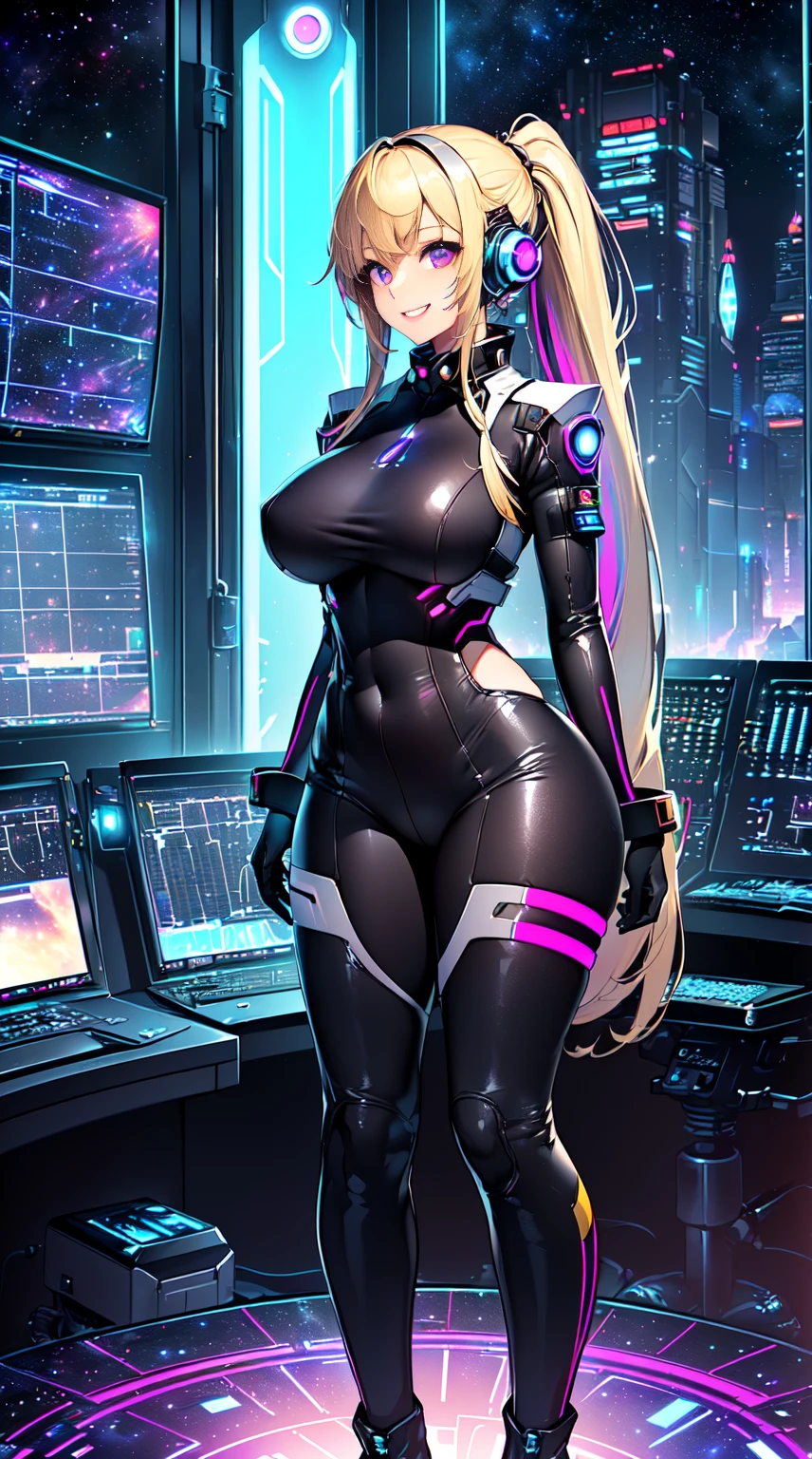 masterpiece:1.4, 1girl in ((20yr old, Dressed in a tight futuristic bodysuit in black and silver, long boots, huge-breasted, Multicolored blonde hair, twin ponytail, Perfect model body, Purple eyes:1.4, Wearing headphones, Flirting, Happy, Big smile, Looking out the window of the futuristic sci-fi space station、While admiring the beautiful galaxy:1.2, SFSF control room on night background:1.1, Neon and energetic atmosphere:1.2)) ((Galaxy)) ((Solo:1.6))