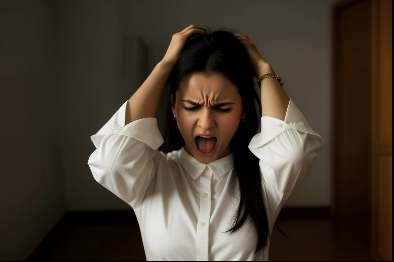puffy woman with her hands on her head and a shirt, mulher zangada jovem, frustrated expression, stressed expression, gritando de dor, Rosto frustrado, intense screaming expression, mostrando raiva, pose assustadora e raivosa, angry expression, gritos, gritando em agonia, Frustrado, gritando furiosamente, frustrado detalhado, gritando de medo, gritando e chorando, olhar irritado