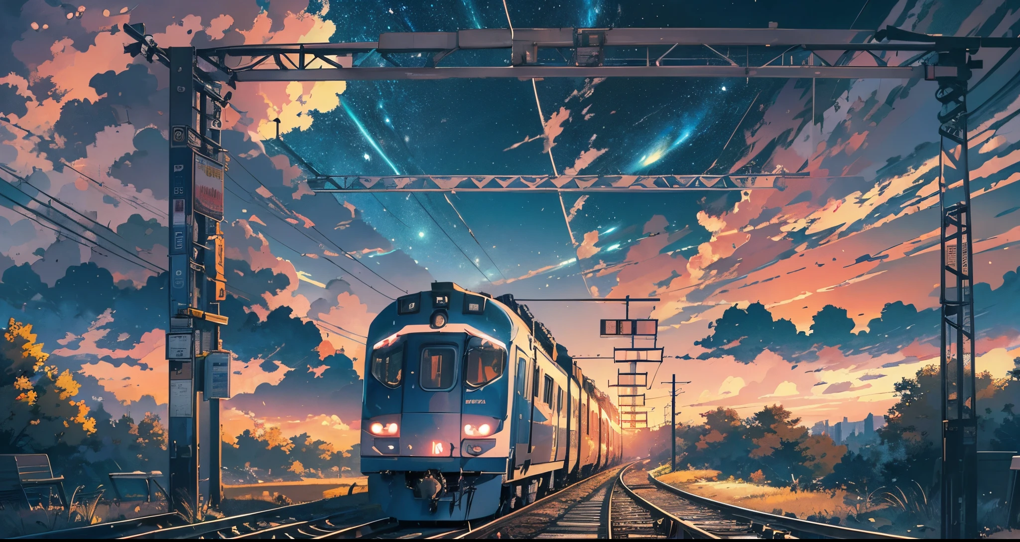 masterpiece, highly detailed, concept art, centered, medium shot, a train that is sitting on a train track, by Makoto Shinkai, deviantart, space art, header text”, kaleidoscopic colors
, anime like, dream like, (epic composition, epic proportion), HD