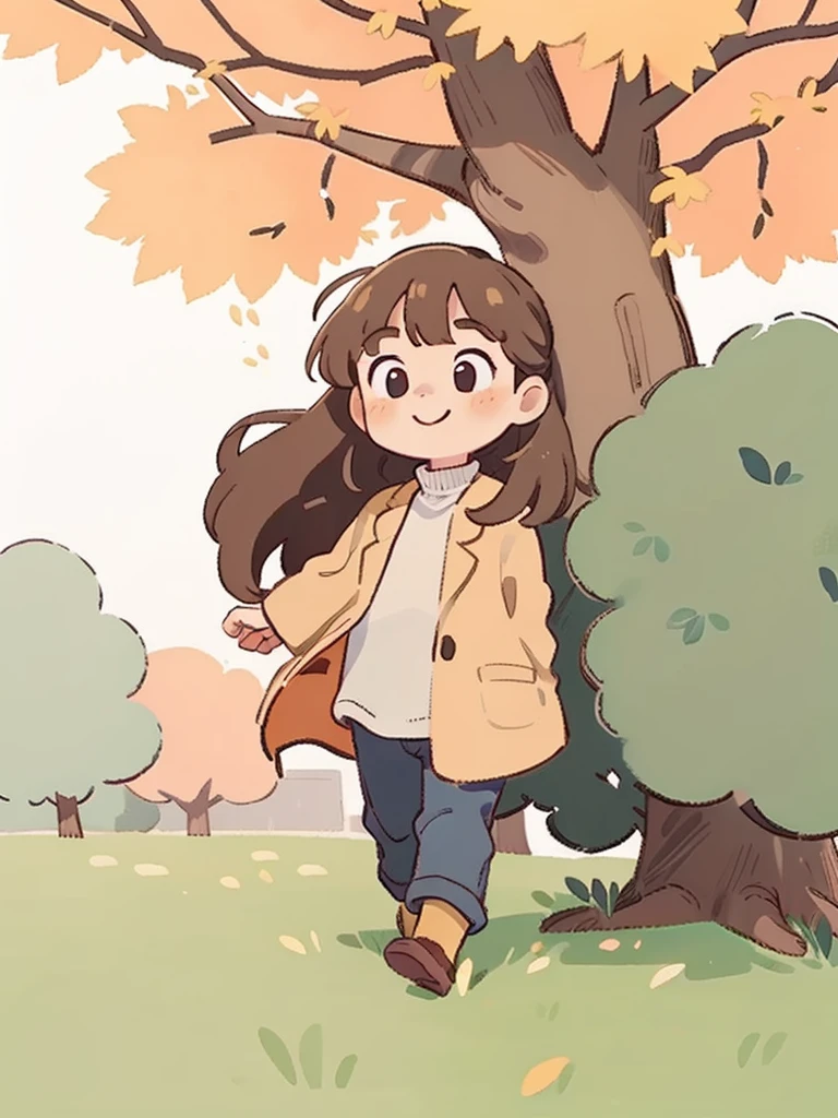 A cute girl, long hair, round face, big eyes, smile, coat, trousers, park, autumn, tree, grass, golden leaves, panorama, front