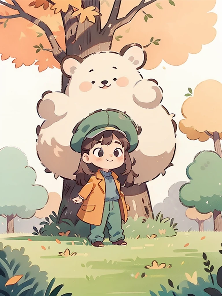 A cute girl, long hair, round face, big eyes, smile, coat, trousers, park, autumn, tree, grass, golden leaves, panorama, front