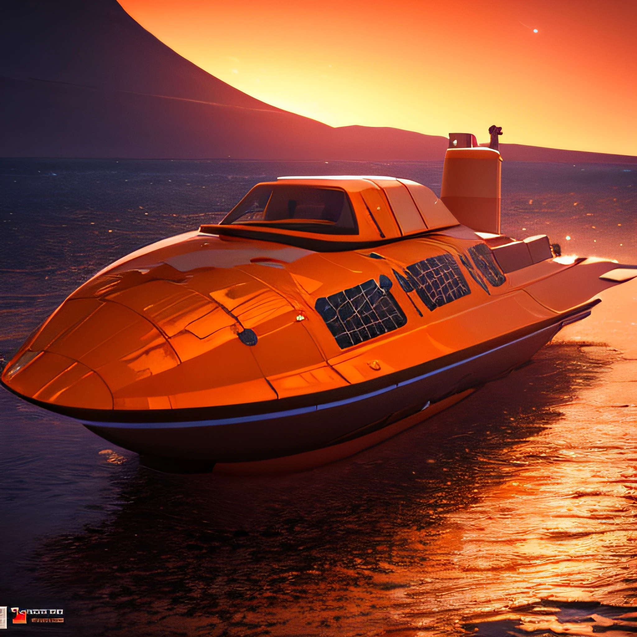 toy submarine on a lake on mars. octane render, highly detailed, volumetric, dramatic lighting, desolate, intricately detailed, artistic lighting, particles, beautiful, amazing, highly detailed, digital art, sharp focus, trending on art station, orange sky,