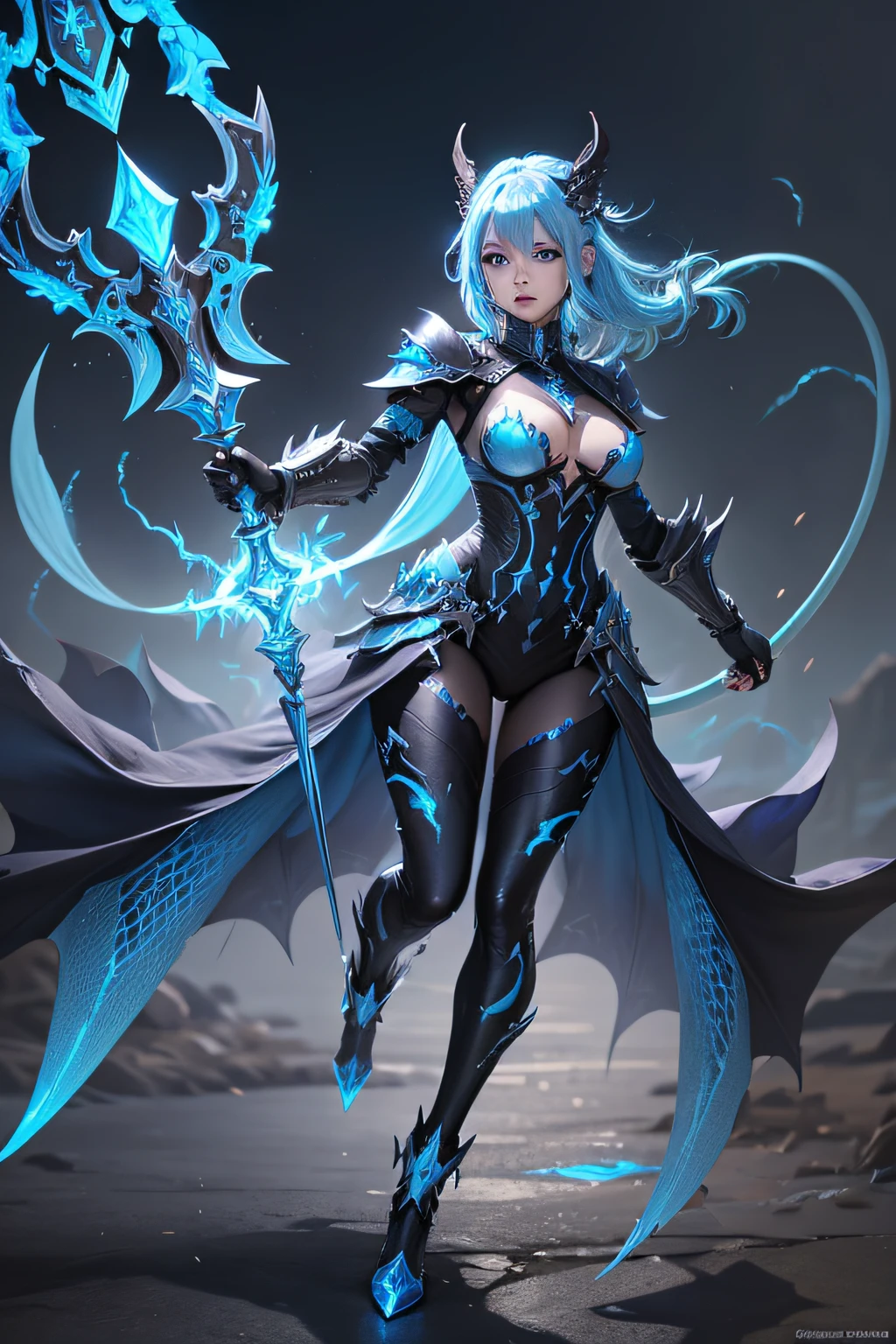 blue hair beautiful blue dragon girl with sky blue eyes, blue scale armor, skin of scales, dragon scales on skin, Au'ra, ffxiv, black leggings, full body, lightning, rapier being held