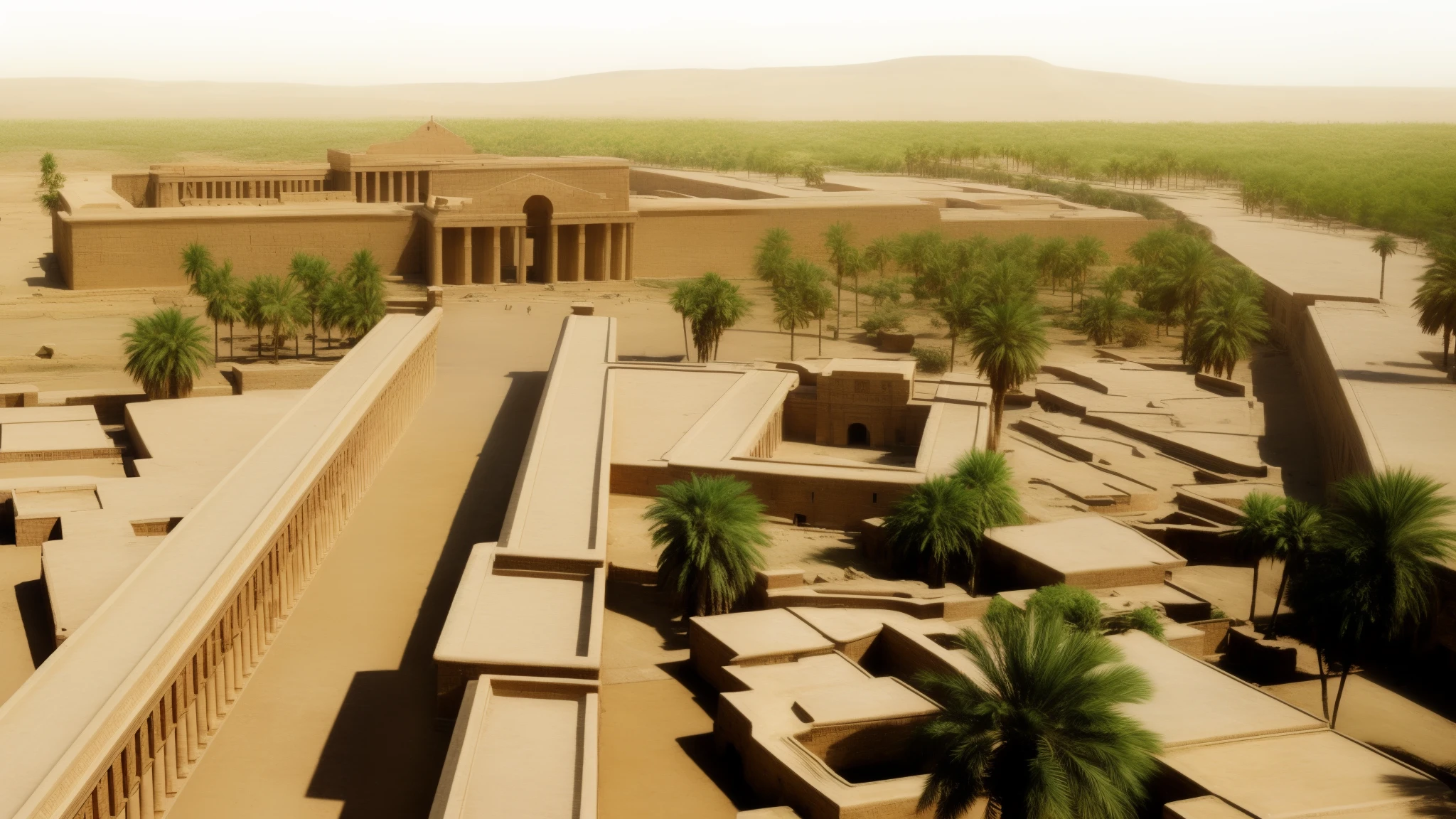 a rendering of a large building with a long walkway and palm trees, ancient persian city, in a major mesopotamian city, ancient city, cities of mesopotamia, ancient city landscape, colorful ancient egyptian city, colorful city in ancient egypt, sumerian, ancient mesopotamia, egyptian sumerian features, mesopotamic, at an ancient city