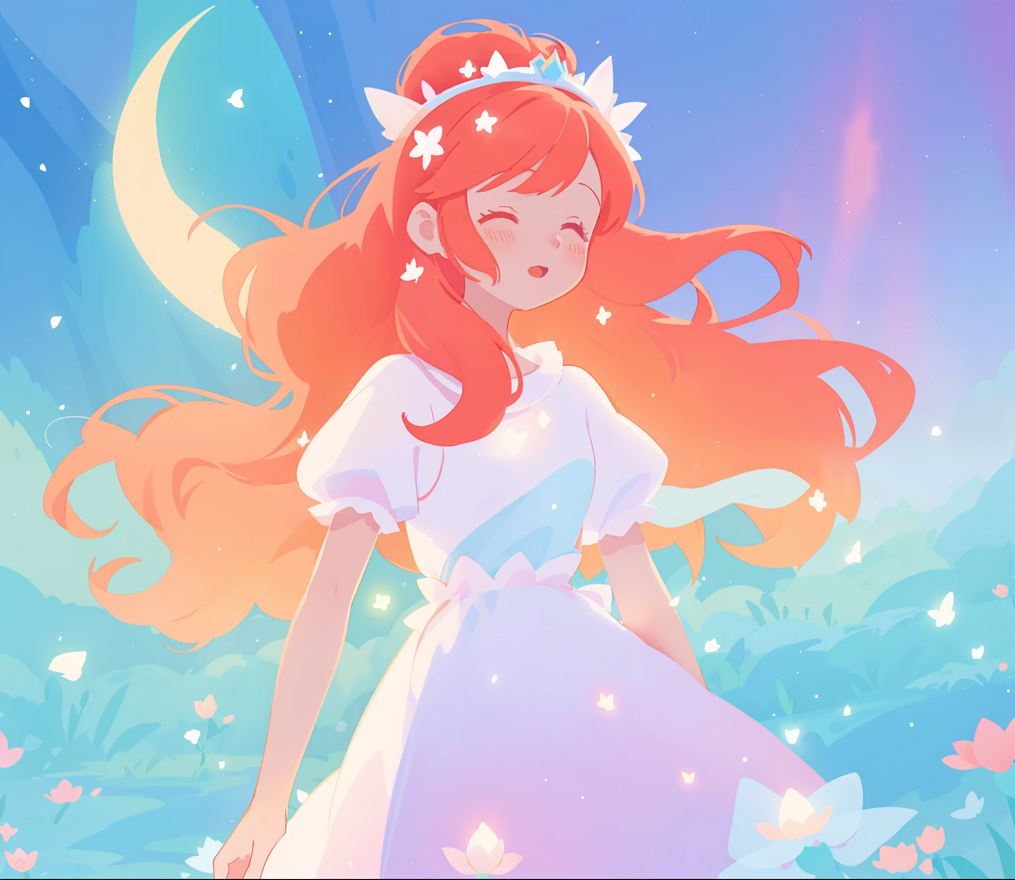 beautiful girl in sparkling white dress, glowing ballgown, long red peach hair, colorful fantasia background, delicate crown of white flowers on her head, watercolor illustration, disney art style, glowing aura around her, glowing lights, beautiful digital illustration, fantasia otherworldly landscape plants flowers, beautiful, masterpiece, best quality, anime disney style