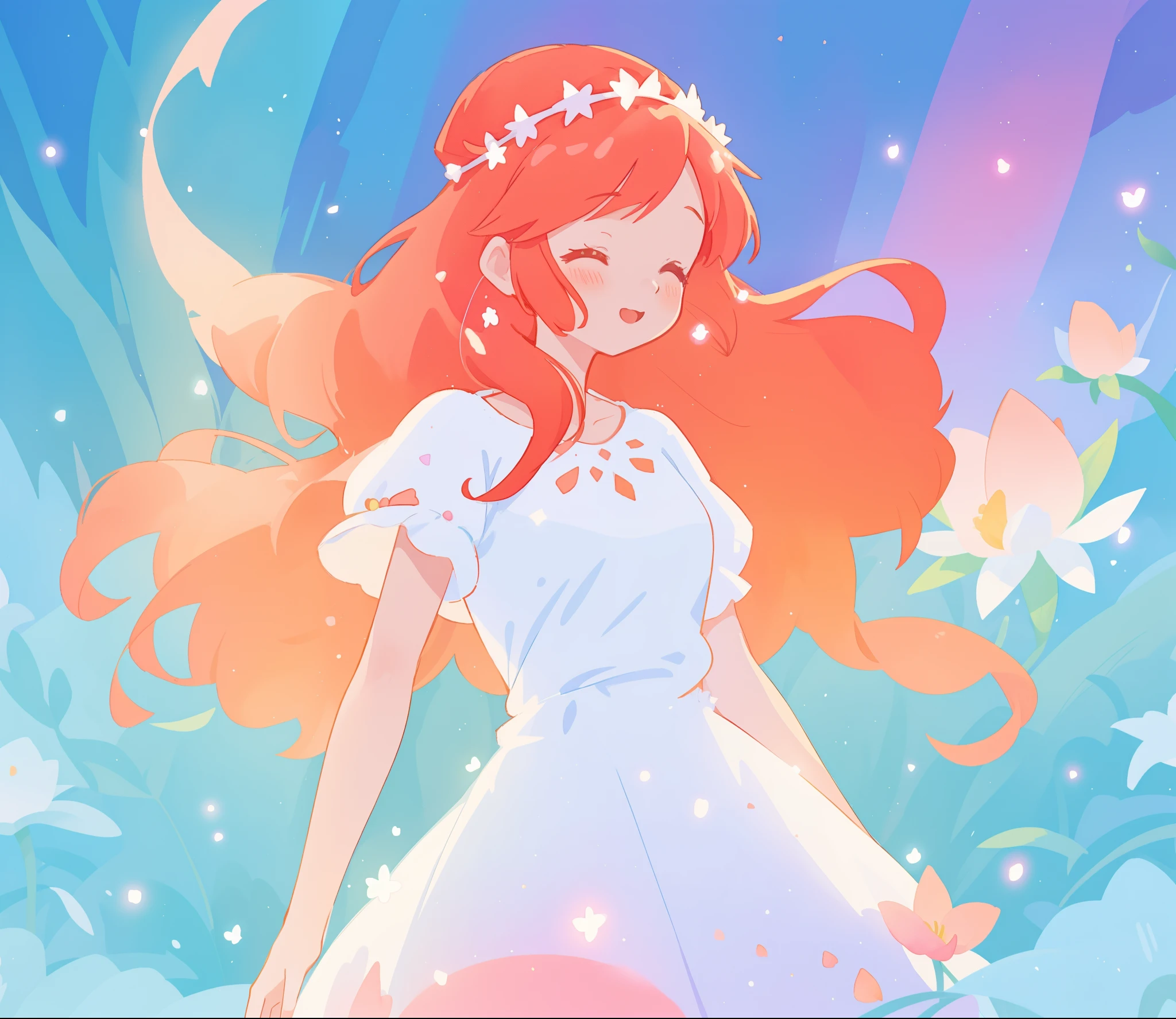 beautiful girl in sparkling white dress, glowing ballgown, long red peach hair, colorful fantasia background, delicate crown of white flowers on her head, watercolor illustration, disney art style, glowing aura around her, glowing lights, beautiful digital illustration, fantasia otherworldly landscape plants flowers, beautiful, masterpiece, best quality, anime disney style