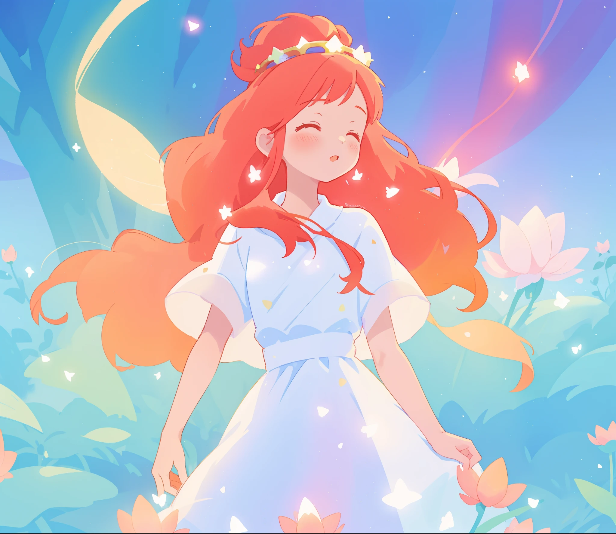 beautiful girl in sparkling white dress, glowing ballgown, long red peach hair, colorful fantasia background, delicate crown of white flowers on her head, watercolor illustration, disney art style, glowing aura around her, glowing lights, beautiful digital illustration, fantasia otherworldly landscape plants flowers, beautiful, masterpiece, best quality, anime disney style