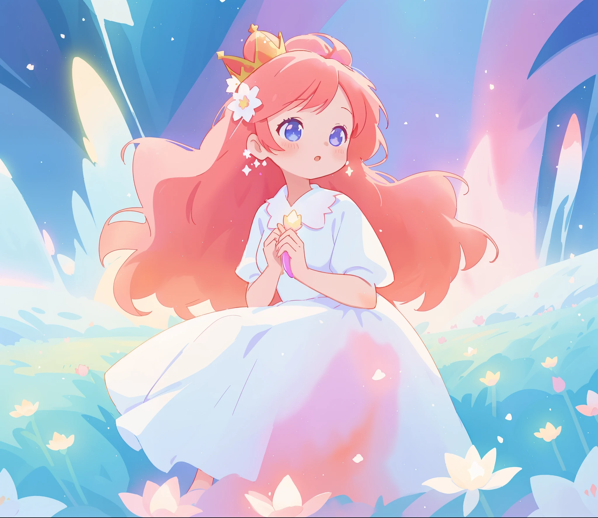 beautiful girl in sparkling white dress, glowing ballgown, long red peach hair, colorful fantasia background, delicate crown of white flowers on her head, watercolor illustration, disney art style, glowing aura around her, glowing lights, beautiful digital illustration, fantasia otherworldly landscape plants flowers, beautiful, masterpiece, best quality, anime disney style