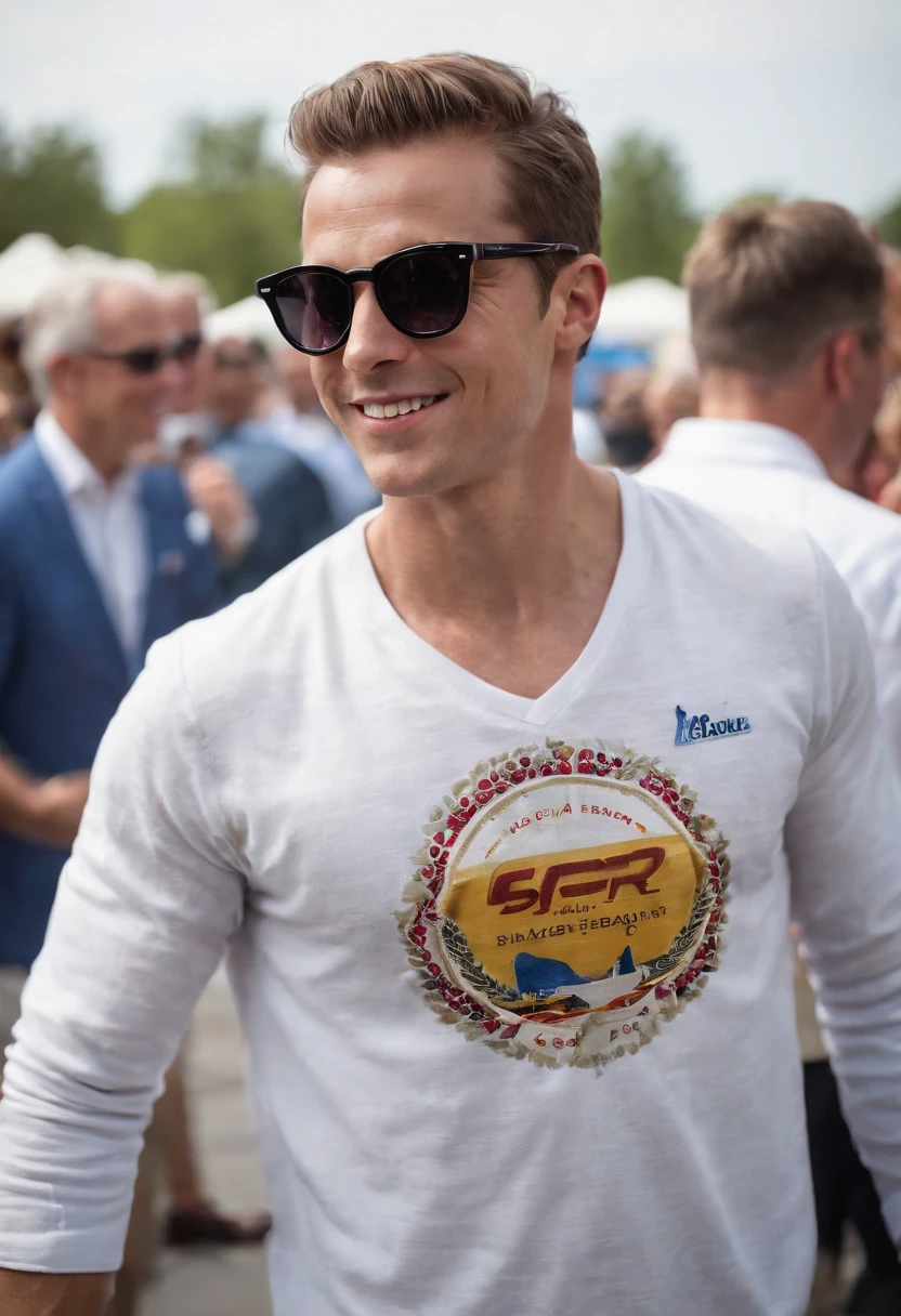 A photo of Sterling at a rooftop pool party, wearing stylish sunglasses and surrounded by a crowd of adoring fans and beautiful people.,original,Max “Velocity” Sterling, a fictional Formula One champion, is the epitome of speed and charisma on the racetrack. With a sharp, athletic build, his appearance is as flashy as his driving style, often seen in custom racing gear emblazoned with bold logos and his trademark lightning symbol. His hair is styled with the same carefree audacity that he shows behind the wheel, and his confident, roguish smile has made him a heartthrob in the international racing scene.