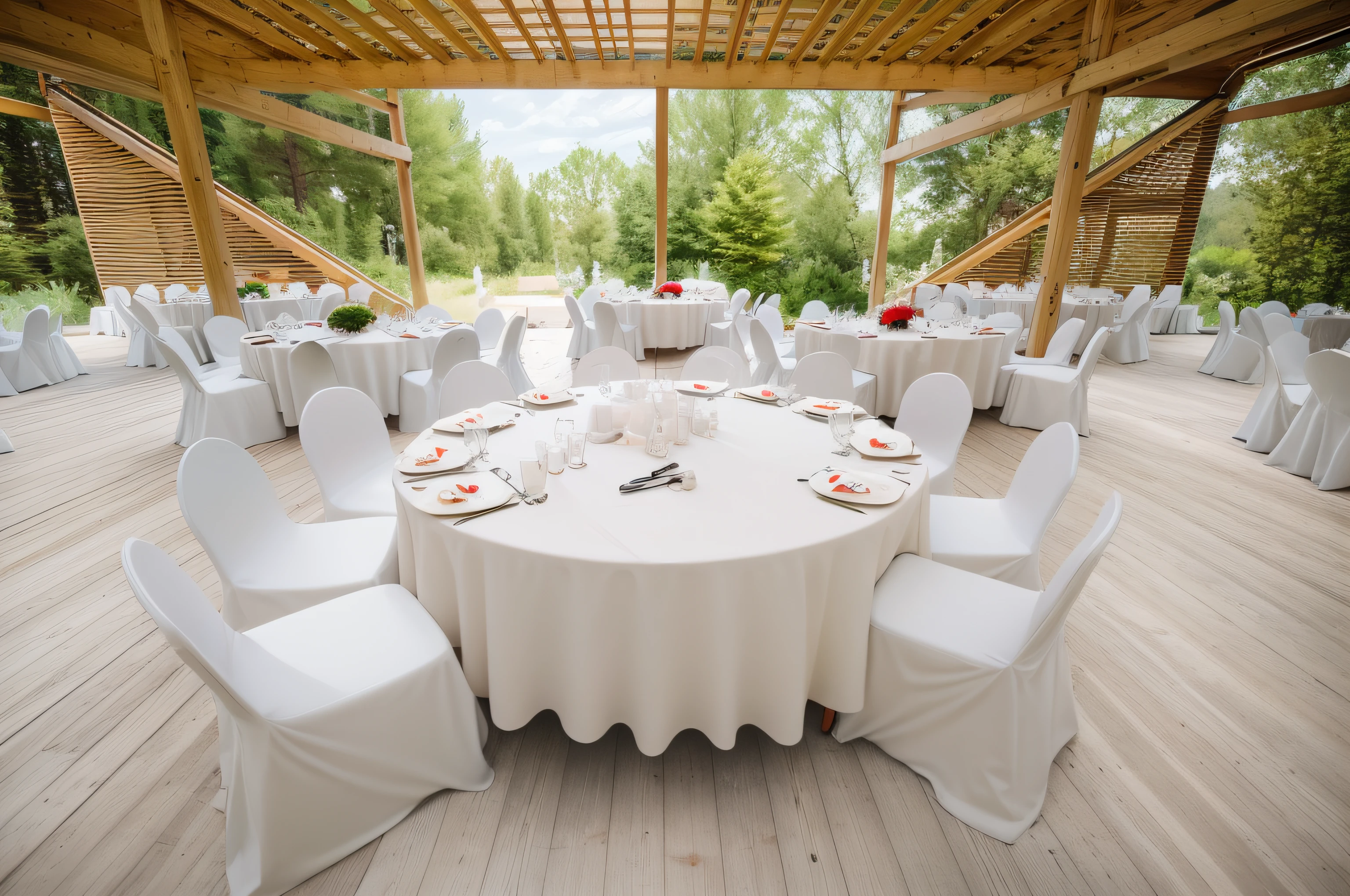 there are a lot of white chairs around a round table with plates, Mesa outdoor setting, Illinois, Outdoor decor, Look at the details, A glamorous setting, white tablecloth, Perfect detail, very intense, Rustic setting, tables and chairs, detailed surroundings, A hyper-realistic, also very detailed, Indoor decor, Elegant atmosphere, delicate detailed, White, wedding