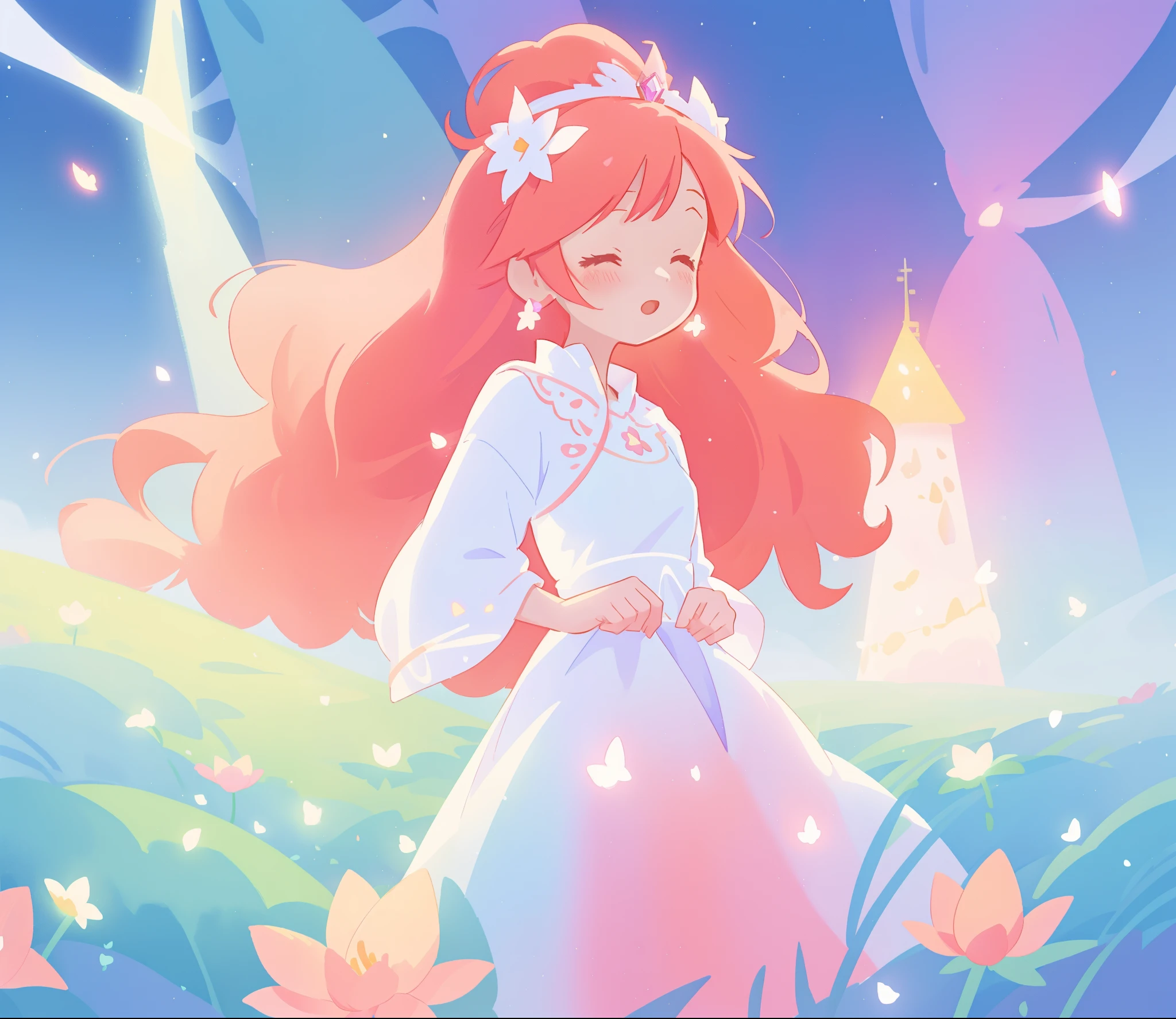 beautiful girl in sparkling white dress, glowing ballgown, long red peach hair, colorful fantasia background, delicate crown of white flowers on her head, watercolor illustration, disney art style, glowing aura around her, glowing lights, beautiful digital illustration, fantasia otherworldly landscape plants flowers, beautiful, masterpiece, best quality, anime disney style