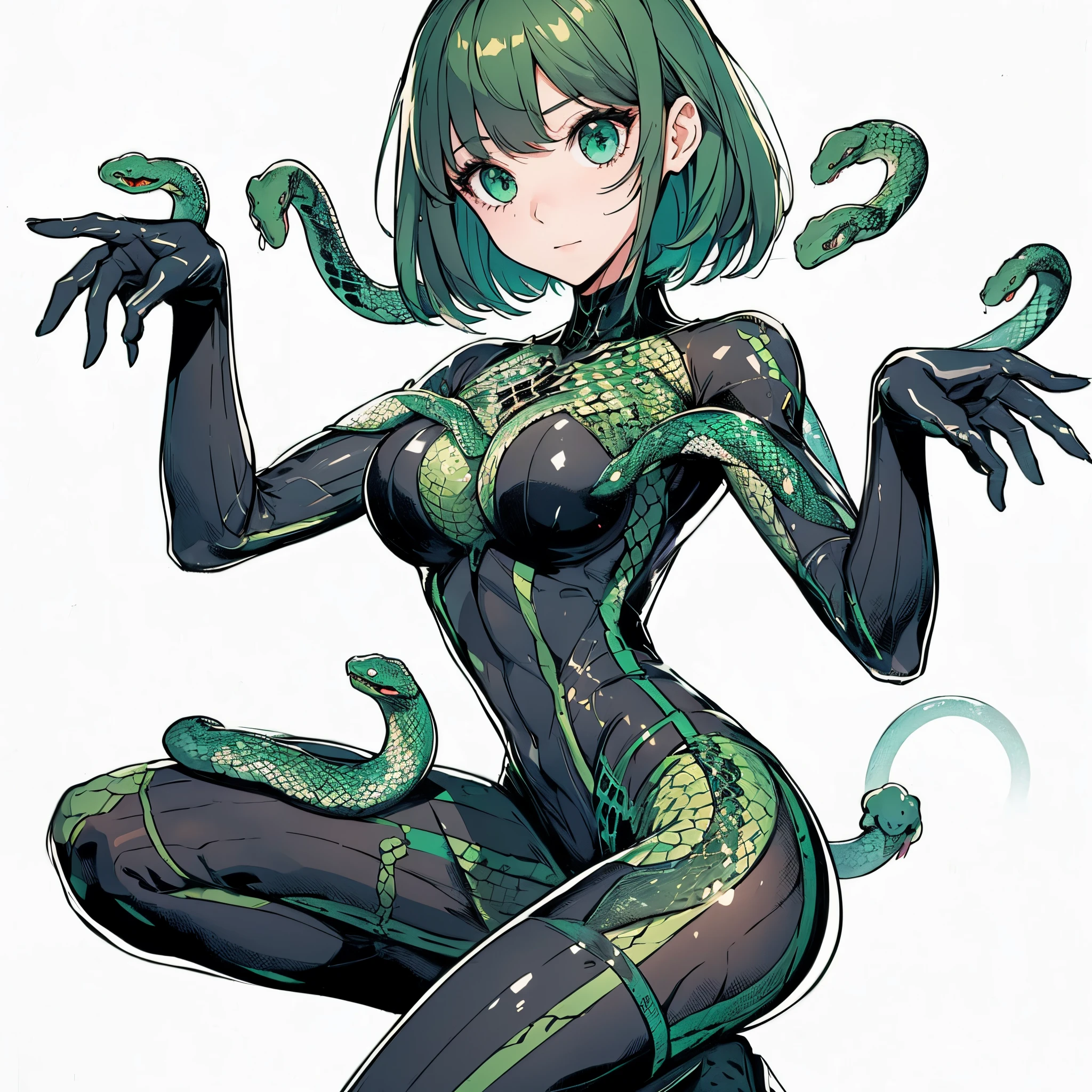 Girl in a bodysuit. she is wearing a cyber style bodysuit. A girl with snakes growing out of her body. she is wearing long black gloves. She has green hair. She has snake eyes.