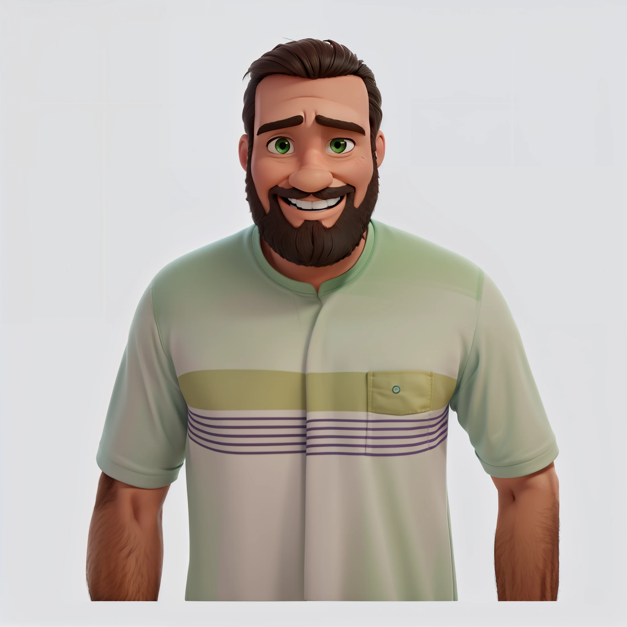 Estilo pixar disney desenho animado, Homem magro, cabelos e barba cor preto, sorrindo dentes afastados, usando camiseta na cor verde.