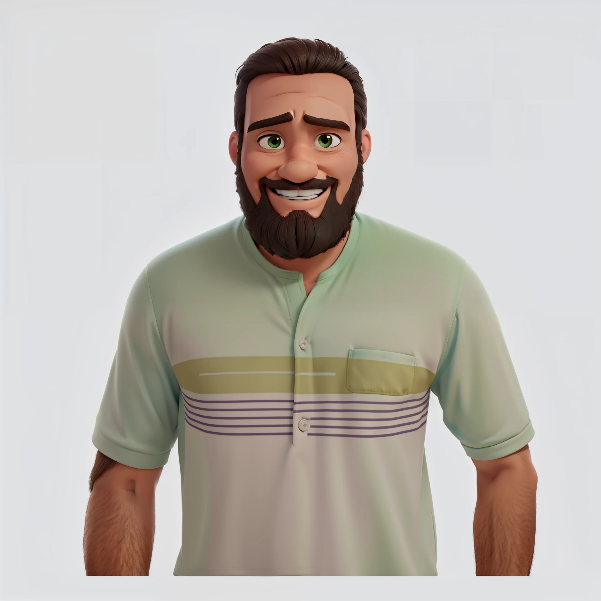 Estilo pixar disney desenho animado, Homem magro, cabelos e barba cor preto, sorrindo dentes afastados, usando camiseta na cor verde.