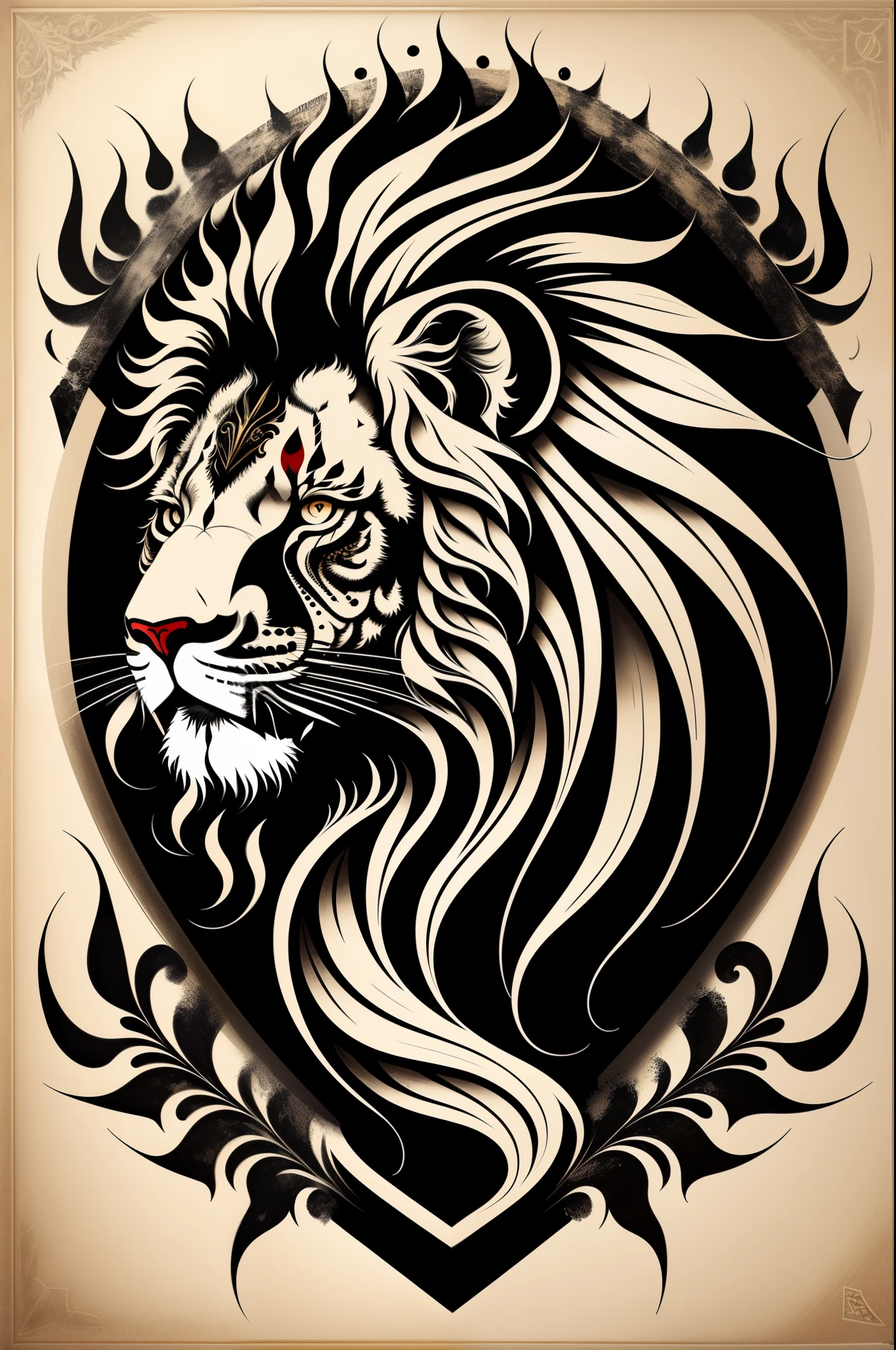 Logo blason, lion ;work,encre noir , beste-Qualit, high resolucion : 1,4), detailded, intricate high detail, 4K, color splashes, dessin au trait, Leonardo da Vinci