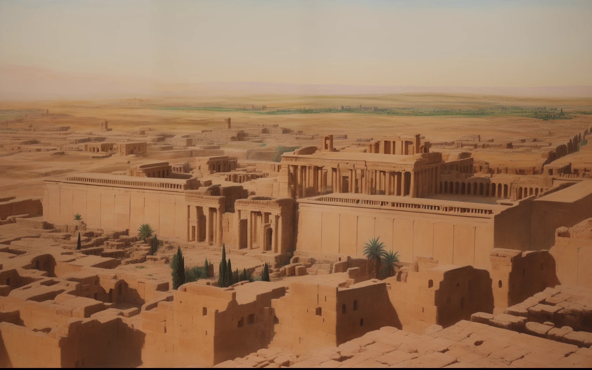 a painting of a view of a city with a large building, ancient city, ancient persian city, ancient city landscape, in a major mesopotamian city, realistic painting of a complex, holy city | illustration, by Edward Ben Avram, jerusalem, by John Moonan, roman city, by Herbert Abrams, ancient mediterranean city, surrounding the city, ancient greek city