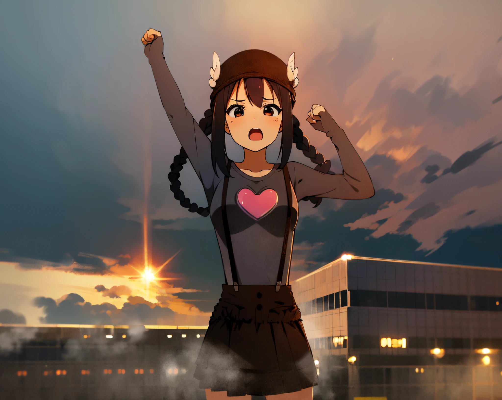 1girl, (((masterpiece))), top-quality, top-quality, high détails, nakano azusa, 1girl, Twin-tailed, length hair, A dark-haired, brown-eyed, Gray T-shirt.suspenders.a black skirt.illustratio, comic strip, soothing tones, Subdued Color, Soft cinematic light, adobe lightroom, photolab, HDR, intricately and hyper-detailed、(((depth of fields))))。(((masterpiece)))。(((top-quality))).)((ultra-detailliert)))。(((illustratio)))。(((takeout))).dynamic focus.big breasts.(((Skyscrapers))).(((A city scape))).(((Face of sadness))). open mouth.(((raising one arm))).(((up chest))).((morning)).((the morning sun)).(((Heart on chest))).Feathered hat.Bend your elbows.Clench your fists