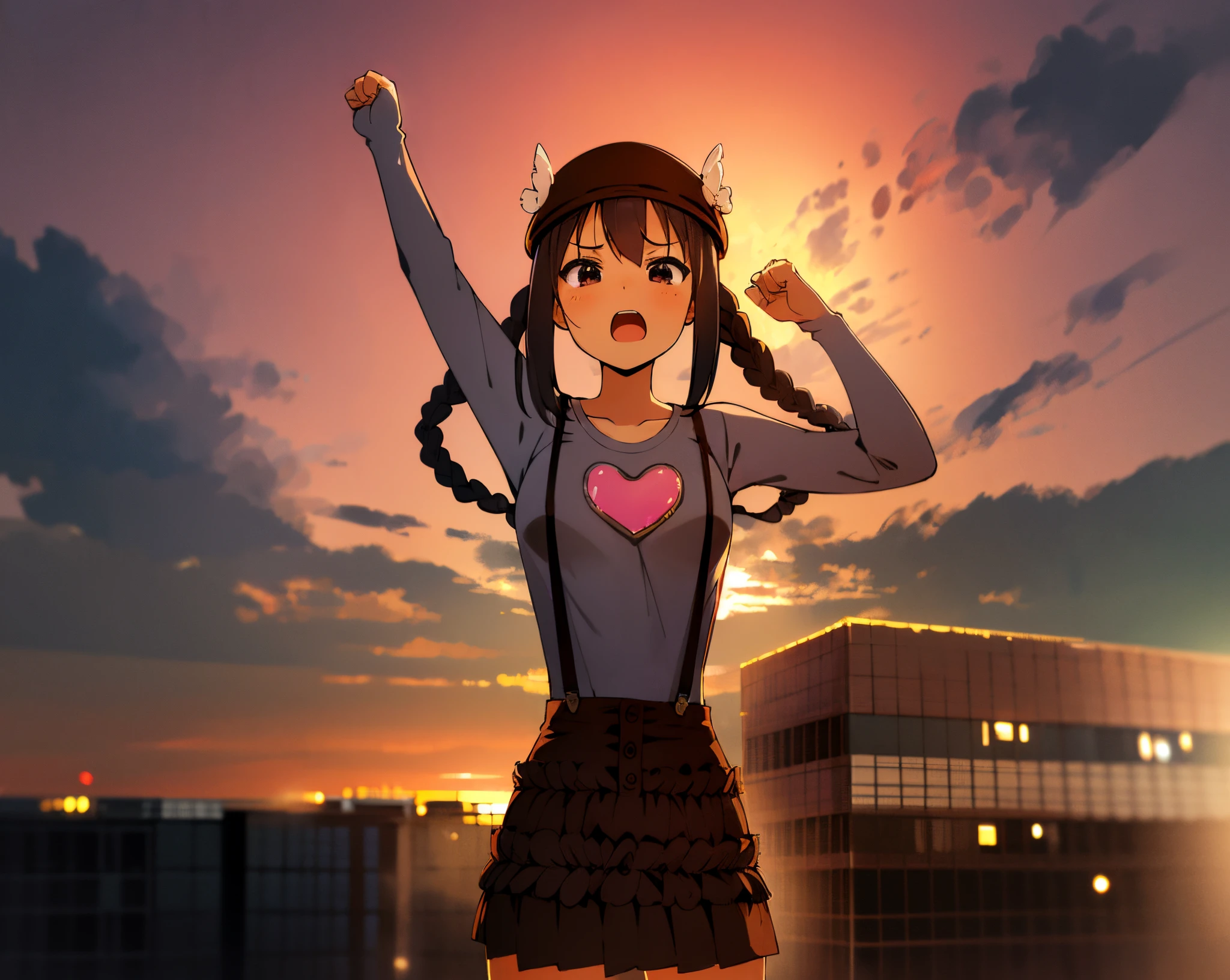 1girl, (((​masterpiece))), top-quality, top-quality, high détails, nakano azusa, 1girl, Twin-tailed, length hair, A dark-haired, brown-eyed, Gray T-shirt.suspenders.a black skirt.illustratio, comic strip, soothing tones, Subdued Color, Soft cinematic light, adobe lightroom, photolab, HDR, intricately and hyper-detailed、(((depth of fields))))。(((​masterpiece)))。(((top-quality))).)((ultra-detailliert)))。(((illustratio)))。(((takeout))).dynamic focus.big breasts.(((Skyscrapers))).(((A city scape))).(((Face of sadness))). open mouth.(((raising one arm))).(((up chest))).((morning)).((the morning sun)).(((Heart on chest))).Feathered hat.Bend your elbows.Clench your fists