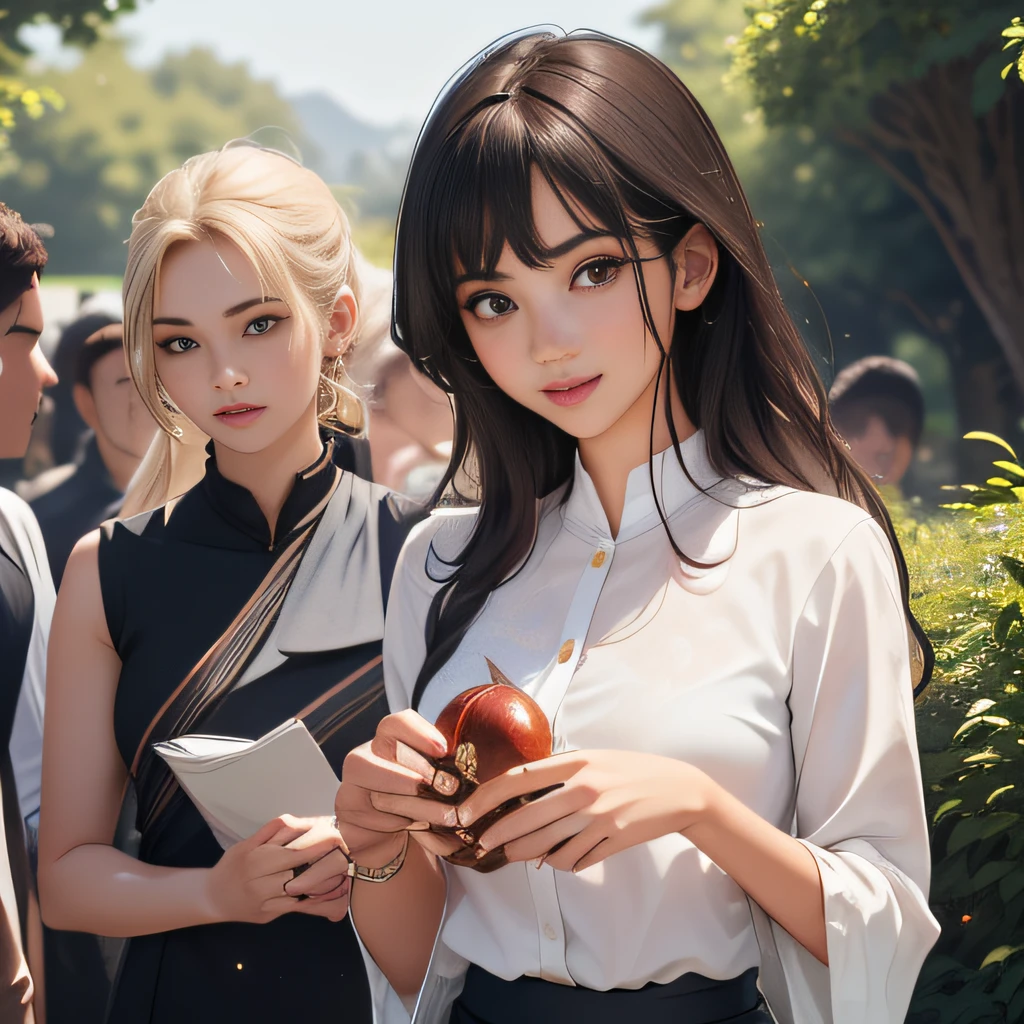 sfw, (Extremely detailed 8k wallpaper:2), (photo:2), (soigne Beautiful girl:2), (gives a lecture to friends:2), detailed (Face and eyes), (hyper realistic:1), (highly detailed:1), (epic realistic:1), rim light, (maximum details:1), cozy, (fullbody:1.3), (looking at viewer:2), (Woman's Attractive Qualities:2), (Attractive Woman:2), (Attractive:2), Smile, Intelligence, Empathy, Gracefulness, Sense of Style, Fitness, Grooming, Optimism, (Sensitivity:2), Sincerity, Romantic Gestures, Playfulness, Fashion Sense, (Sensuality:2), Charm, Modesty, Thoughtfulness, (Femininity:1), Flirtatiousness, Warmth, (Physical attractiveness:2), A beautiful smile, A love of life, strength and power, vulnerability, curiosity, wonder, love, (nature background:2), kawaii, waifu, Beautiful breasts, (attractive body:2), (Beautiful body:2), Beautiful pose, attractive pose, (Beautiful legs:1.0), (spread legs:1.0), (Beautiful clothes:1), (classic clothes:2), (elegant clothes:2), (European clothes:2), detailed clothes, (skirt:1), (blouse:1), (provocative pose)
