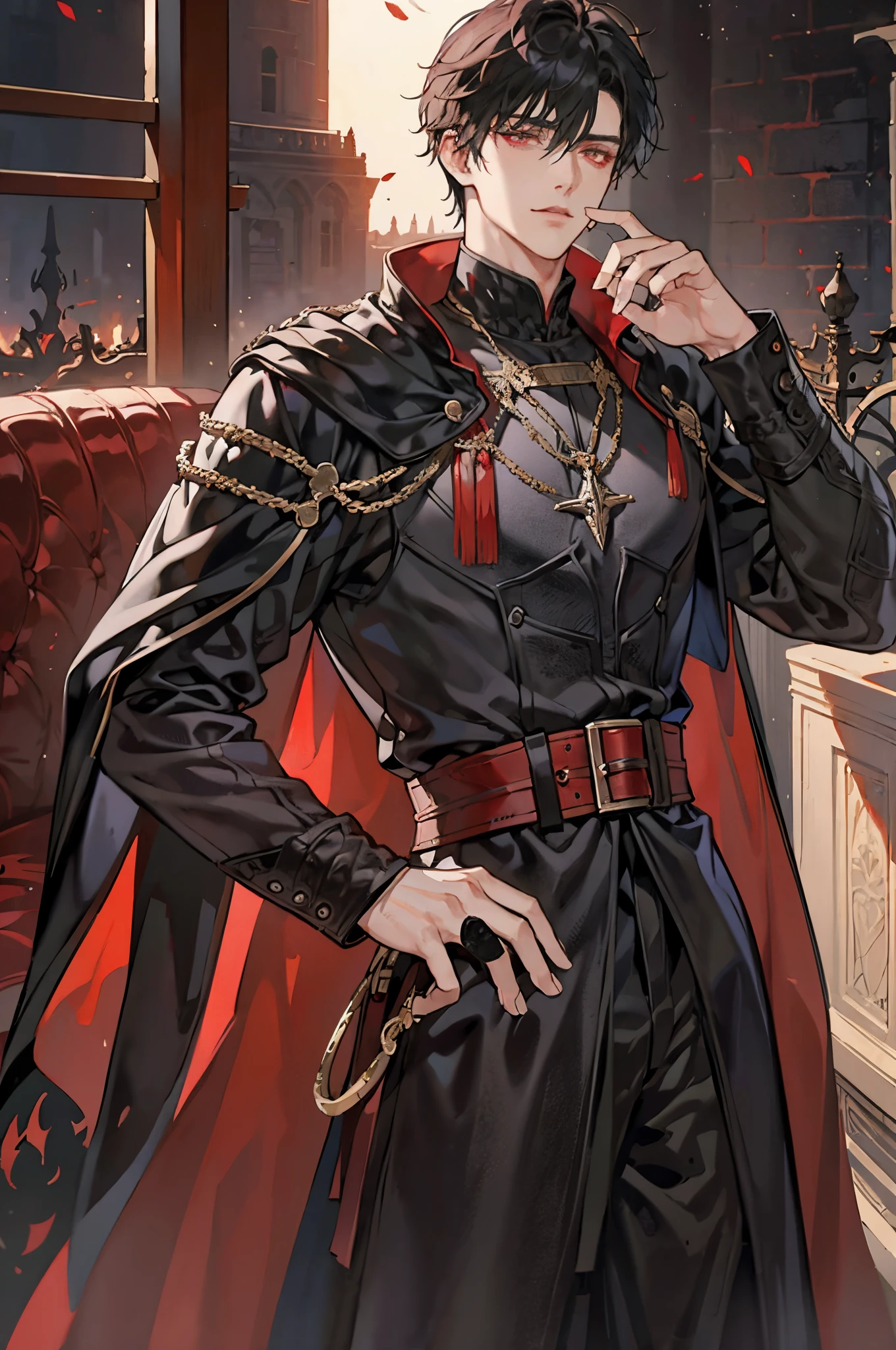 1 male, short messy black hair with bangs, handsome, blood red eyes, detailed eyes, tall and lean body, condescending, arrogant, royalty, tyrannical ruler, wearing black, medieval fantasy, dark souls, detailed eyes