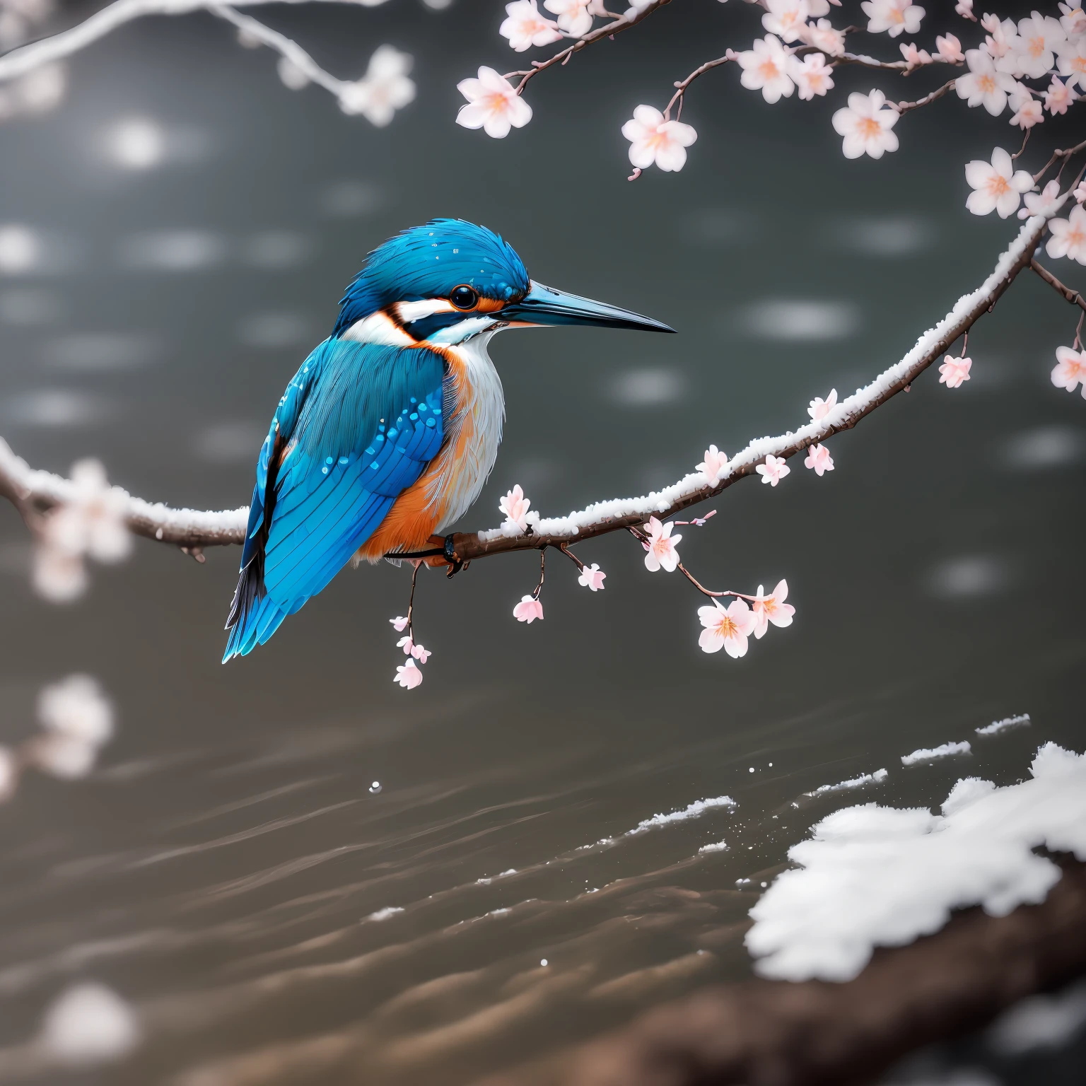 Superb Kingfisher Near White Cherry Blossoms on Branches, Dark, Dawn, (Cold Morning: 1.1), (Morning Dew: 1.15), Realistic Photography, (Low Photo: 1.2), Detail, 8K, Intricate Folded Feathers, Water Droplets on Feathers, (to8contrast style), (MIST: 0.7), Bright Colors, Sony a6600 Mirrorless Camera, embellish2 --v 6