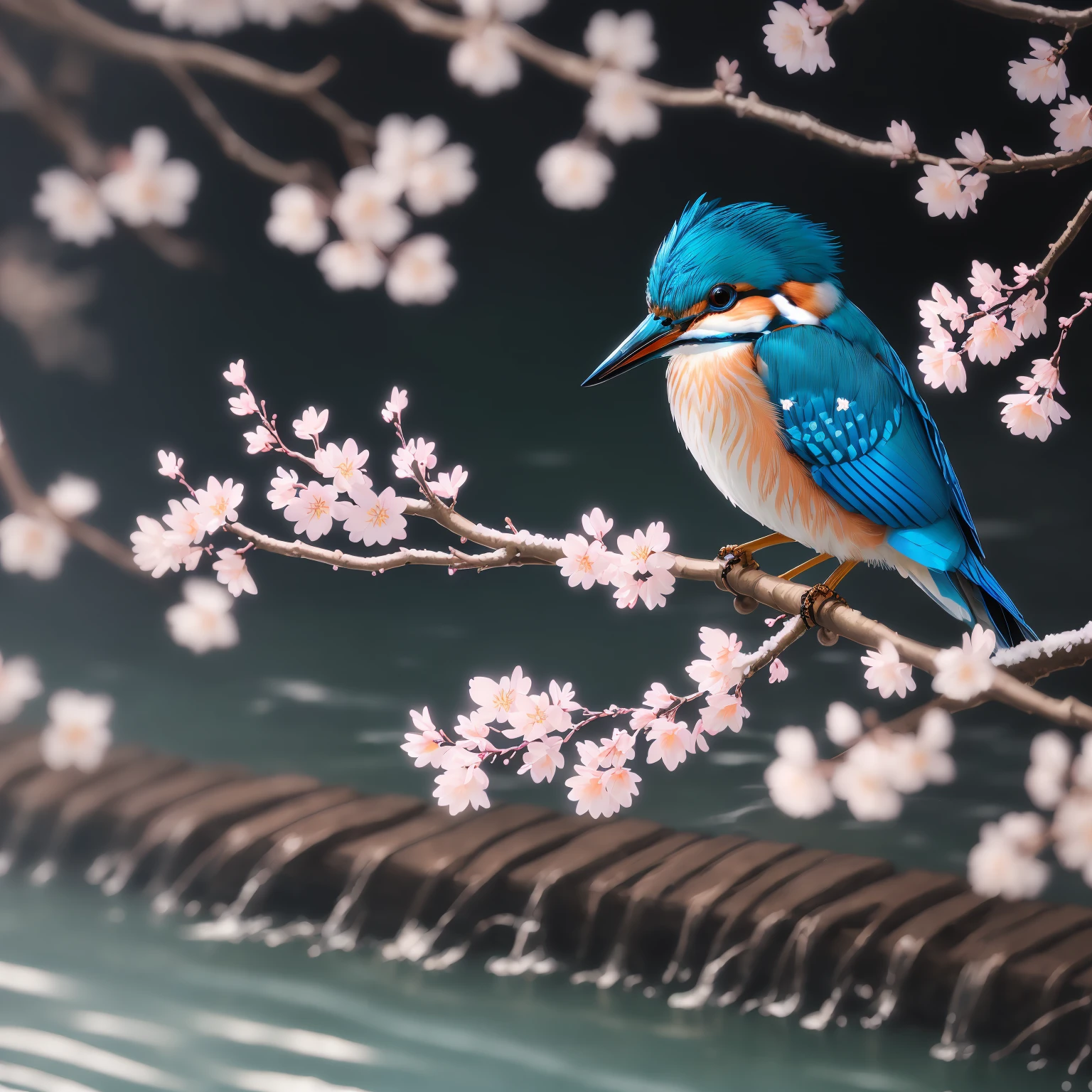 Superb Kingfisher Near White Cherry Blossoms on Branches, Dark, Dawn, (Cold Morning: 1.1), (Morning Dew: 1.15), Realistic Photography, (Low Photo: 1.2), Detail, 8K, Intricate Folded Feathers, Water Droplets on Feathers, (to8contrast style), (MIST: 0.7), Bright Colors, Sony a6600 Mirrorless Camera, embellish2 --v 6