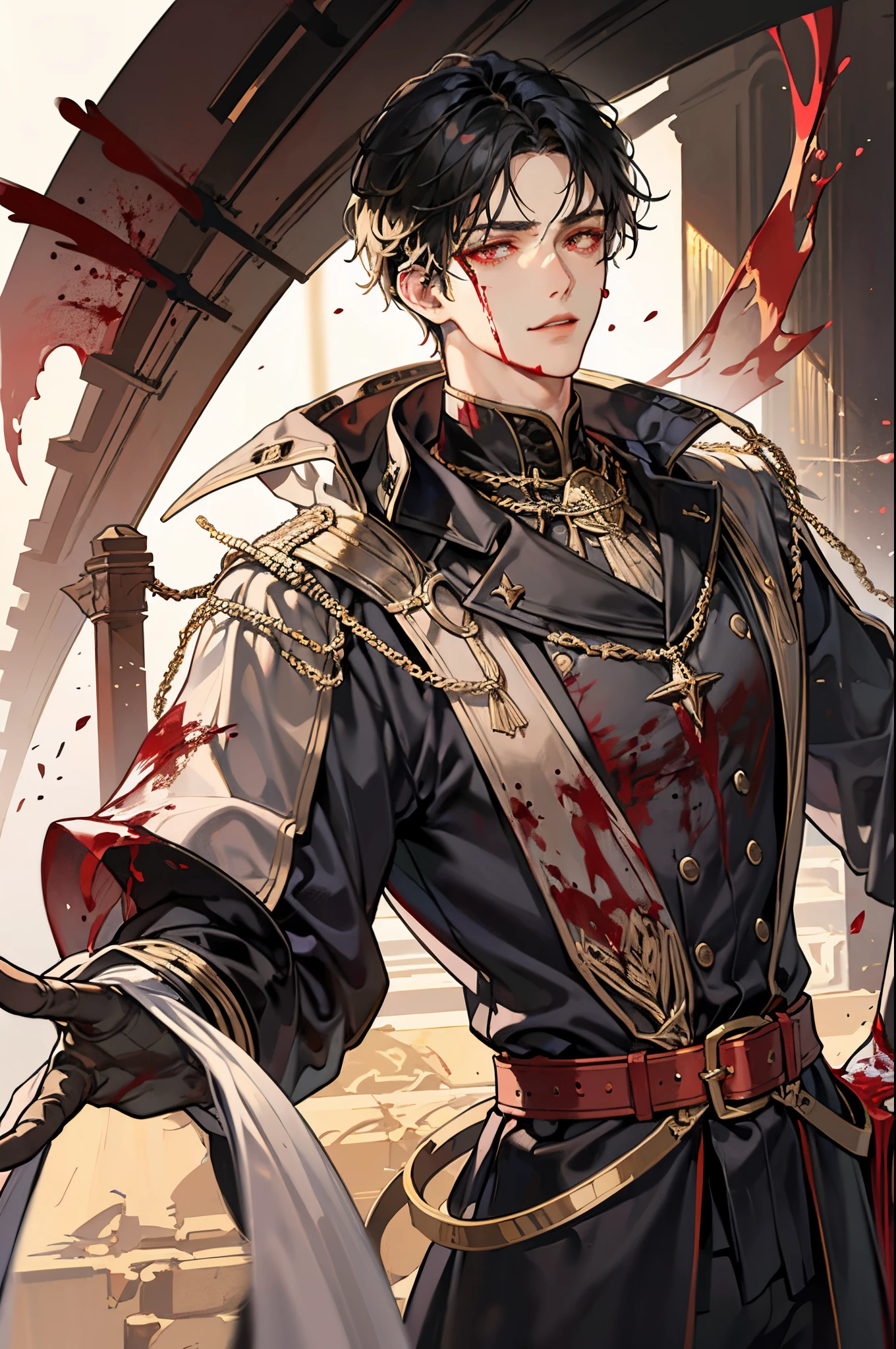 1 male, short messy black hair with bangs, handsome, blood red eyes, detailed eyes, tall and lean body, condescending, arrogant, royalty, tyrannical ruler, ((black, blood red, gold, white)), medieval fantasy, dark souls, close up
