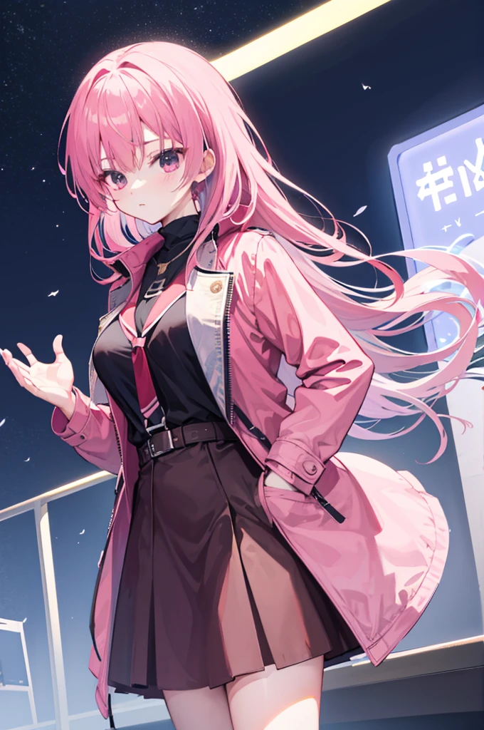mitsukasa ayas，1个Giant Breast Girl，with pink hair，nightcity，Sateen，coat large，Put your hands in your pockets