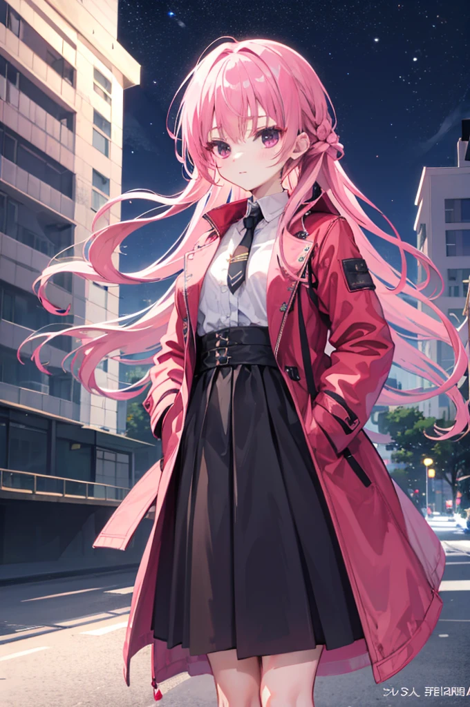 mitsukasa ayas,1个Giant Breast Girl,with pink hair,nightcity,Sateen,coat large,Put your hands in your pockets