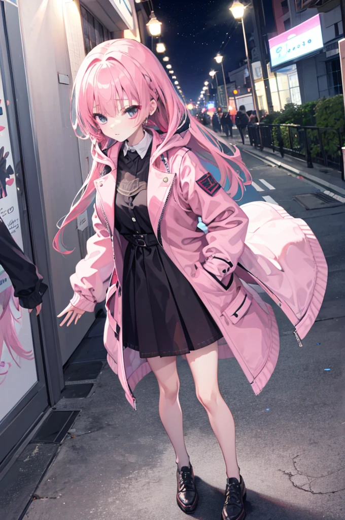 mitsukasa ayas，1个Giant Breast Girl，with pink hair，nightcity，Sateen，coat large，Put your hands in your pockets