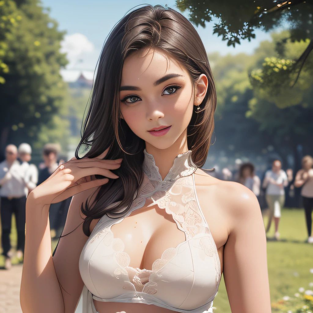sfw, (Extremely detailed 8k wallpaper:2), (photo:2), (soigne Beautiful girl:2), (gives a lecture to friends:2), detailed (Face and eyes), (hyper realistic:1), (highly detailed:1), (epic realistic:1), rim light, (maximum details:1), cozy, (fullbody:1.3), (looking at viewer:2), (Woman's Attractive Qualities:2), (Attractive Woman:2), (Attractive:2), Smile, Intelligence, Empathy, Gracefulness, Sense of Style, Fitness, Grooming, Optimism, (Sensitivity:2), Sincerity, Romantic Gestures, Playfulness, Fashion Sense, (Sensuality:2), Charm, Modesty, Thoughtfulness, (Femininity:1), Flirtatiousness, Warmth, (Physical attractiveness:2), A beautiful smile, A love of life, strength and power, vulnerability, curiosity, wonder, love, (nature background:2), kawaii, waifu, Beautiful breasts, (attractive body:2), (Beautiful body:2), Beautiful pose, attractive pose, (Beautiful legs:1.0), (spread legs:1.0), (Beautiful clothes:1), (classic clothes:2), (elegant clothes:2), (European clothes:2), detailed clothes, (skirt:1), (blouse:1), (provocative pose)