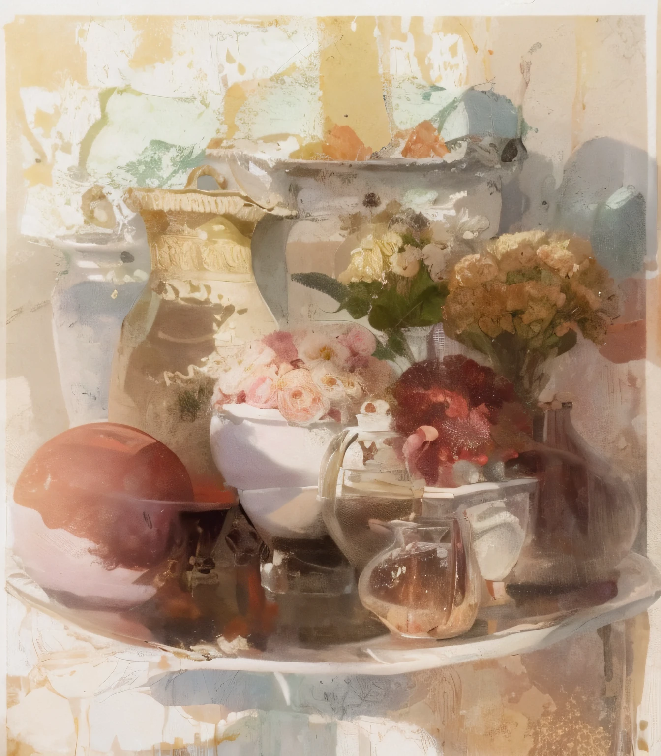 painting of a vase of flowers with a red dot in the middle abstract, mas oscuro, Bela Polvo Abodi Great, Andrei Gordeev, Egor Letov, inspirado en Tadeusz Brzozowski, by Anna Füssli, semiabstracto, by Fyodor Rokotov, por János Nagy Balogh