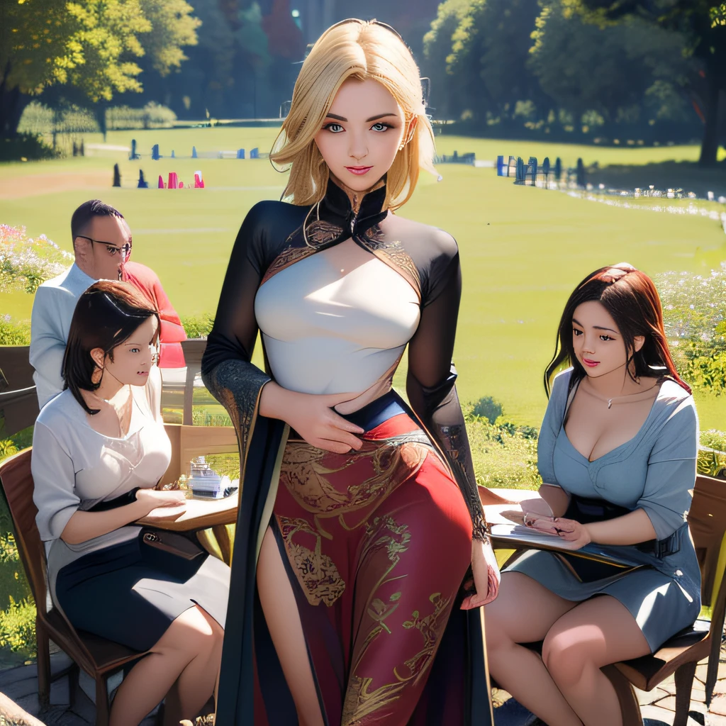 sfw, (Extremely detailed 8k wallpaper:2), (photo:2), (soigne Beautiful girl:2), (gives a lecture to friends:2), detailed (Face and eyes), (hyper realistic:1), (highly detailed:1), (epic realistic:1), rim light, (maximum details:1), cozy, (fullbody:1.3), (looking at viewer:2), (Woman's Attractive Qualities:2), (Attractive Woman:2), (Attractive:2), Smile, Intelligence, Empathy, Gracefulness, Sense of Style, Fitness, Grooming, Optimism, (Sensitivity:2), Sincerity, Romantic Gestures, Playfulness, Fashion Sense, (Sensuality:2), Charm, Modesty, Thoughtfulness, (Femininity:1), Flirtatiousness, Warmth, (Physical attractiveness:2), A beautiful smile, A love of life, strength and power, vulnerability, curiosity, wonder, love, (nature background:2), kawaii, waifu, Beautiful breasts, (attractive body:2), (Beautiful body:2), Beautiful pose, attractive pose, (Beautiful legs:1.0), (spread legs:1.0), (Beautiful clothes:1), (classic clothes:2), (elegant clothes:2), (European clothes:2), detailed clothes, (skirt:1), (blouse:1), (provocative pose)