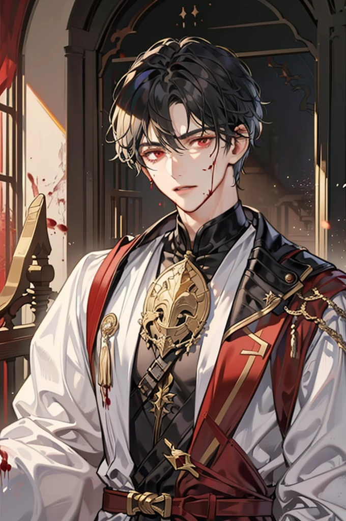 1 male, short messy black hair with bangs, handsome, blood red eyes, detailed eyes, tall and lean body, condescending, arrogant, royalty, tyrannical ruler, ((0.6black, 0.3blood red, 0.05gold, 0.05white)), medieval fantasy, dark souls, close up