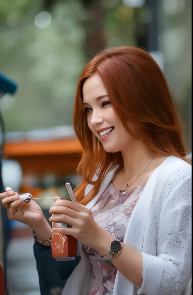 woman with red hair and a white cardigan holding a cell phone, attractive girl, cute woman, handsome girl, cute girl, a cute young woman, pretty girl, candid photo, she is smiling, young and cute girl, potrait, panting, beautiful lady, she has a cute face, beautiful girl, lovely smile, lovely woman, big smirk, candid picture