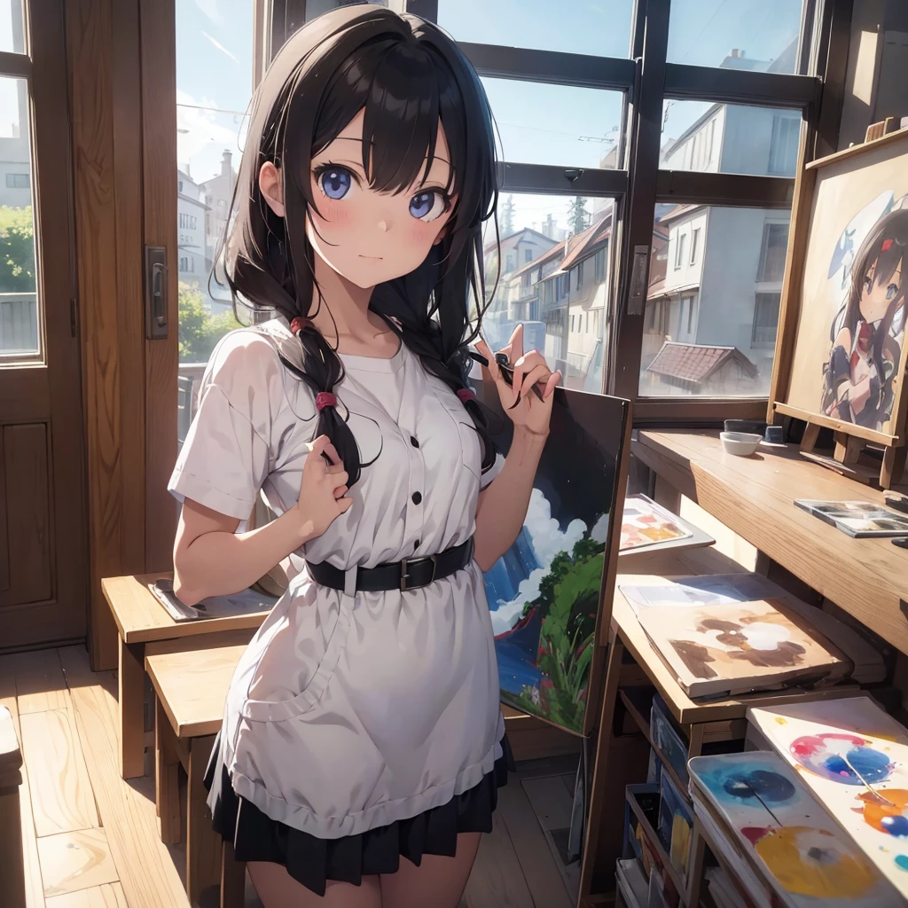 Anime girl with a paintbrush and a painting board in front of a window, gemalt im Anime Painter Studio, realistic cute girl painting, beautiful anime portrait, Anime. Sanftes Licht, Detailbemalung 4 K, Anime-Realismus-Stil, Realistischer Anime-Artstyle, Kunstwerk im Stil von Guweiz, Realistischer Anime-Kunststil, Erstellt mit Anime Painter Studio, Portrait Anime Girl