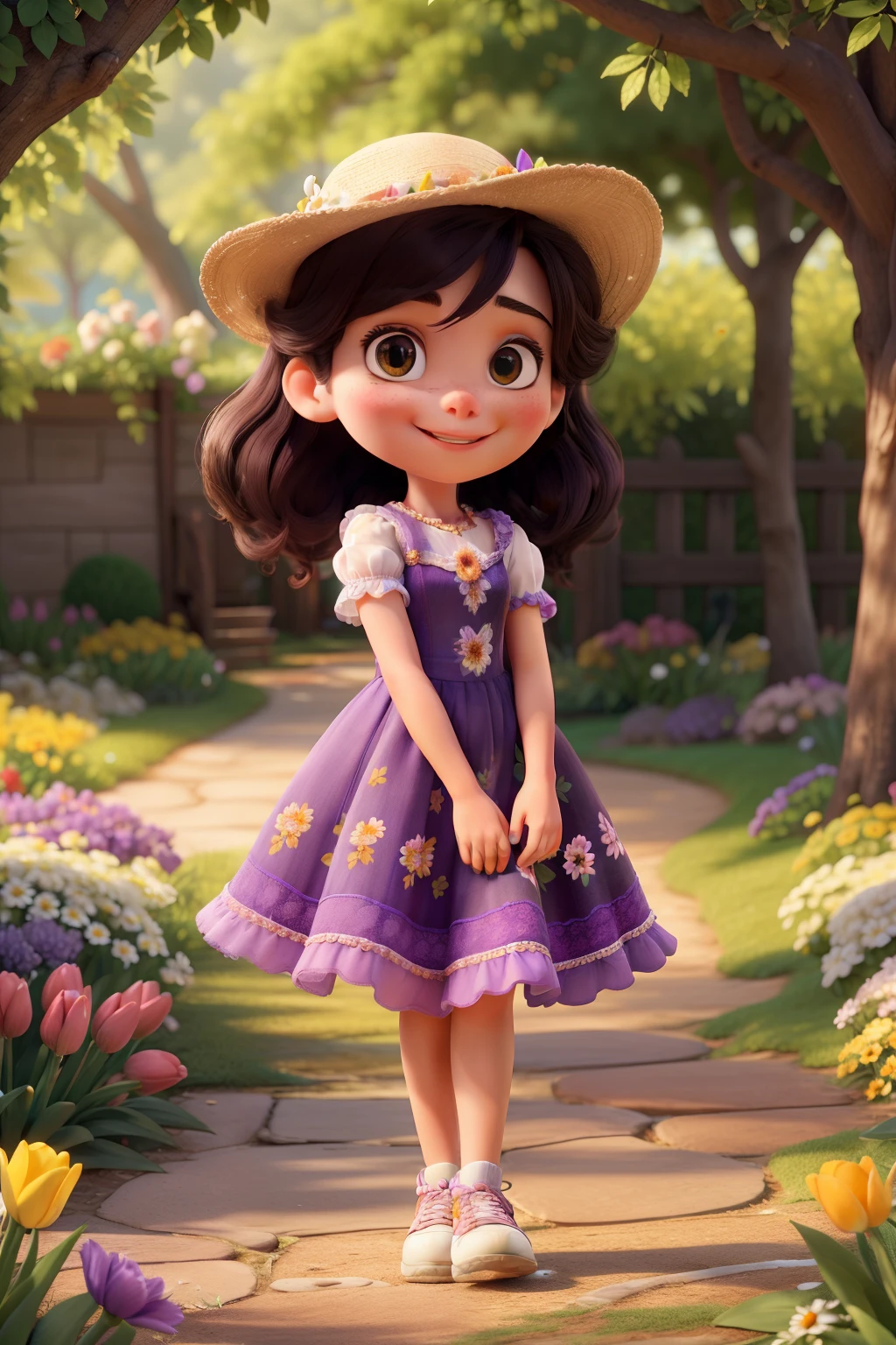 de cano alto, is sitting on a swing in a charming, flowery garden. Her beautiful brown eyes are full of vivacity and her long eyelashes enhance her charming expression.. Her detailed pink lips complete her adorable face.. The girl is smiling with an expression of pure happiness as she gently rocks back and forth.

O jardim exibe uma variedade de flores coloridas e vistosas. Rosas vermelhas e amarelas, White daisies and vibrant tulips create a carpet of bright colors beneath the  girl&#39;s feet. Lush plants and shady trees surround the garden, proporcionando um ambiente tranquilo e sereno. Penetrating rays of sunlight pierce the tree leaves, creating beautiful patterns of light and shadow on the floor.

The girl is wearing a beautiful purple dress, that flows elegantly around her body as she gently sways. Her feet are wearing black high-top sneakers., adicionando um toque moderno ao seu traje encantador. She's wearing a black cap, que protege seus cabelos castanhos claros do sol.

The visual quality of this masterpiece is extraordinary, with ultra-detailed details that make every element of the garden and girl extremely realistic and captivating. The colors are vibrant and rich, com uma paleta que expressa a beleza e a vivacidade do ambiente. Garden lighting is soft and radiant, highlighting the girl&#39;s characteristics and creating a magical environment around her.

Essa cena deslumbrante combina elementos de uma pintura em estilo impressionista com a vivacidade da fotografia, creating a unique fusion of art and reality. The overall atmosphere of the work is magical, conveying a sense of joy, serenity and admiration for the beauty of nature.

[Tags]: masterpiece:1.2, best quality, highres, beautiful detailed eyes, beautiful detailed lips, extremely detailed eyes and face, long eyelashes, girl in a garden, purple dress, black cap, high-top sneakers, colorful flowers, sunny garden, vibrant colors, sunlight filtering through leaves, serene atmosphere, fusion of painting and photography, magical ambiance.