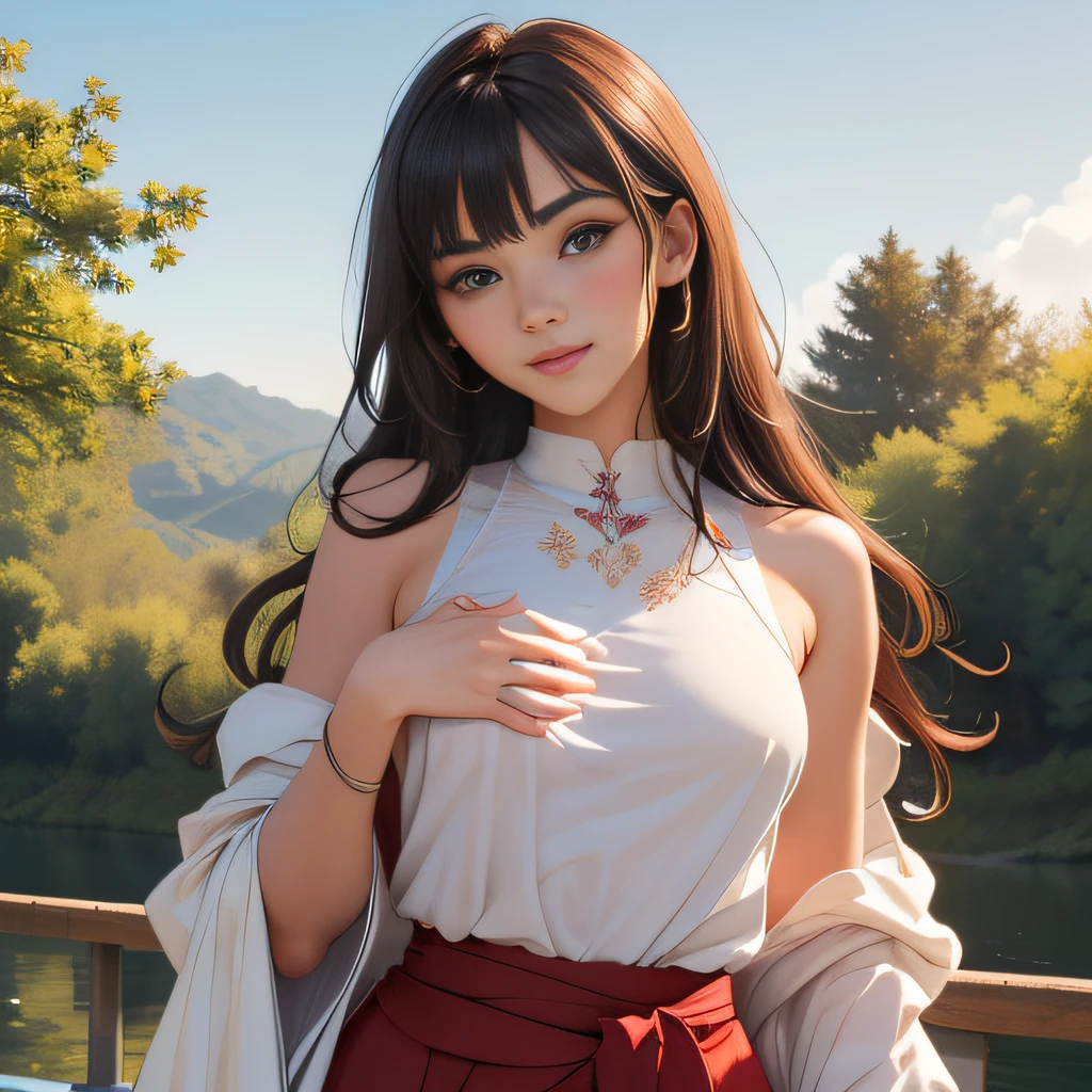 very cute and beautiful girl,(highly detailed beautiful face),white camisole,sitting,(spread legs,laced white panties) BREAK (smile:1.2),happy,looking at viewer,(pleated blue mini skirt:1.15),countryside,narrow river side,bridge,trees,summer,detailed landscape,black hair,twin braid, (best quality,masterpiece:1.0),absurdres,highres,ultra-detailed,extremely detailed,32k,8k resolution, intricate details,cinematic scene,detailed background,solo,dynamic angle,beautiful detailed sky,