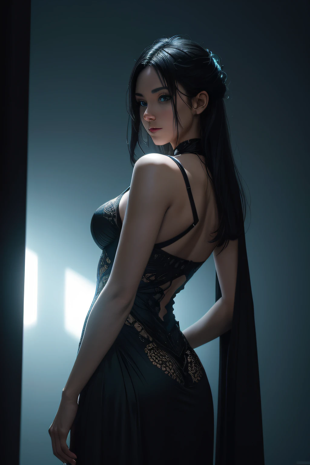portrait of sexy woman, white skin, black hair, full body, blue eyes, black long dress, Shot on 25mm lens, Depth of Field, Tilt Blur, Shutter Speed 1/1000, F/22, White Balance, 32k, Super-Resolution, Pro Photo RGB, Half rear Lighting, Backlight, Dramatic Lighting, Incandescent, Soft Lighting, Volumetric, Conte-Jour, Global Illumination, Screen Space Global Illumination, Scattering, Shadows, Rough, Shimmering, Lumen Reflections, Screen Space Reflections, Diffraction Grading, Chromatic Aberration, GB Displacement, Scan Lines, Ambient Occlusion, Anti-Aliasing, FKAA, TXAA, RTX, SSAO, OpenGL-Shader’s, Post Processing, Post-Production, Cell Shading, Tone Mapping, CGI, VFX, SFX, insanely detailed and intricate, hyper maximalist, elegant, dynamic pose, photography, volumetric, ultra-detailed, intricate details, super detailed, ambient –uplight –v 4 –q 2