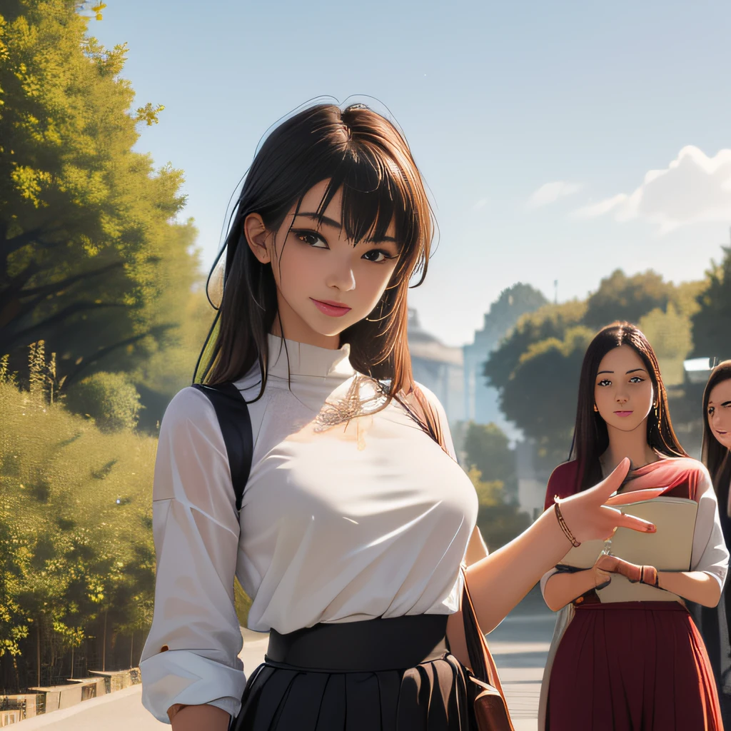 sfw, (Extremely detailed 8k wallpaper:2), (photo:2), (soigne Beautiful girl:2), (gives a lecture to friends:2), detailed (Face and eyes), (hyper realistic:1), (highly detailed:1), (epic realistic:1), rim light, (maximum details:1), cozy, (fullbody:1.3), (looking at viewer:2), (Woman's Attractive Qualities:2), (Attractive Woman:2), (Attractive:2), Smile, Intelligence, Empathy, Gracefulness, Sense of Style, Fitness, Grooming, Optimism, (Sensitivity:2), Sincerity, Romantic Gestures, Playfulness, Fashion Sense, (Sensuality:2), Charm, Modesty, Thoughtfulness, (Femininity:1), Flirtatiousness, Warmth, (Physical attractiveness:2), A beautiful smile, A love of life, strength and power, vulnerability, curiosity, wonder, love, (nature background:2), kawaii, waifu, Beautiful breasts, (attractive body:2), (Beautiful body:2), Beautiful pose, attractive pose, (Beautiful legs:1.0), (spread legs:1.0), (Beautiful clothes:1), (classic clothes:2), (elegant clothes:2), (European clothes:2), detailed clothes, (skirt:1), (blouse:1), (provocative pose)