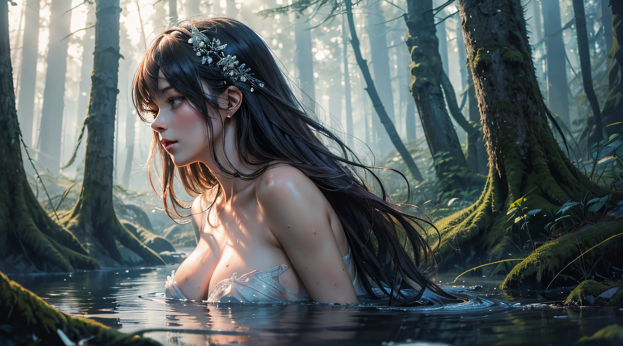 beautiful woman fae bathing in water (masterpiece), (best quality), (ultra detailed), (absurdres), (highres), (official art:1.4), (illustration:1.4), (distinct image:1.2),(delicate illustration: 1.2), 8k,(detailed face:1.3), (highlights in eyes:1.3), (detailed hair:1.3), (detailed skin:1.3), hair messy, gentle and attractive, bare shoulders, delicate and sexy collarbone, full length photo, noble, ultra high definition, super detail, elegant posture, ultra fine thread, dark, mystical scandinavian forest (misty 1.6), looming trees, vibrant, colorful, stylized, white background with one color ink stains, drawing stroke made with Rottring 0.5mm pen, perfect drawing lines. early morning