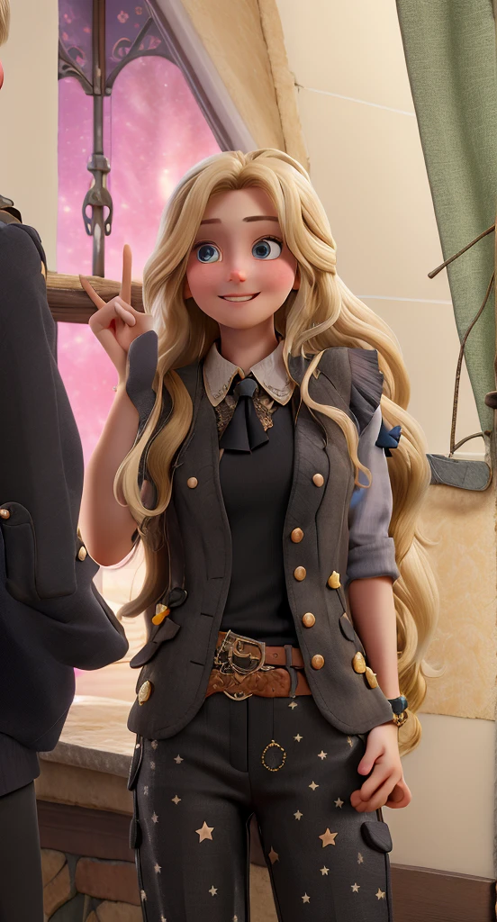Long blonde hair without bangs with a vest with stars on broxes with a black blouse underneath, pants with brooches and a belt posing , biquinho , and the hand raised with two fingers raised