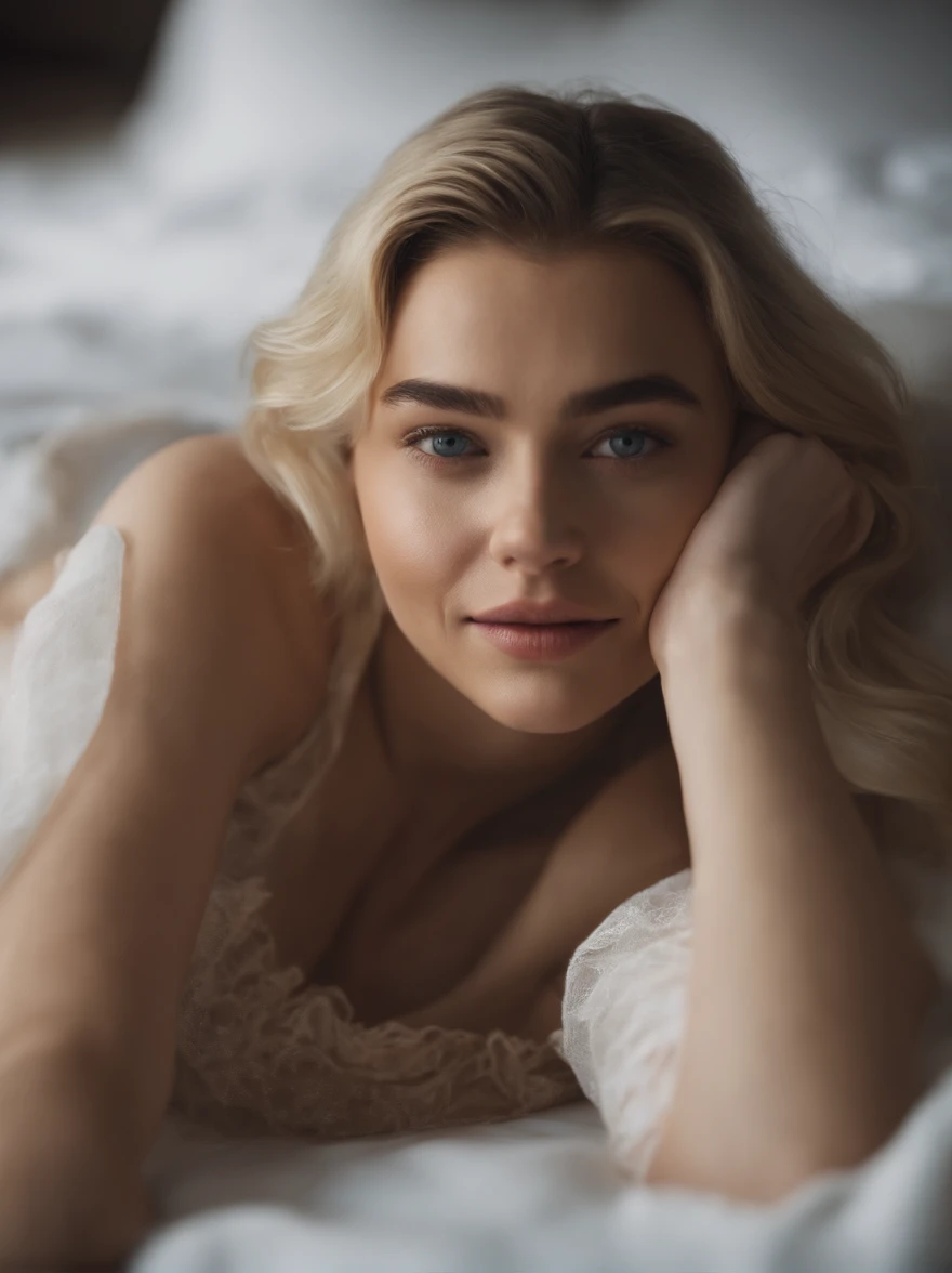Une fille blonde avec un très joli corps fin et une jolie poitrine, totalement nue, ultra sexy, ensoleillée, corps entier, nue, allongée, sur un lit, sexy, squat, éclairage parfait, bijoux, se maquiller, 24mm, textures 4k, regarder dans le mirroir, faire un squat, ultra réaliste, 8k, reflex numérique.