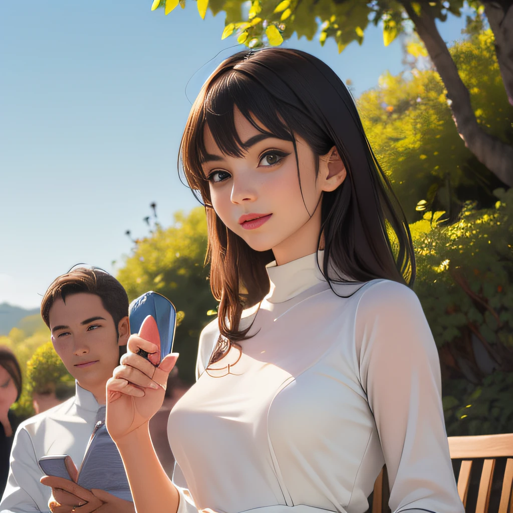 sfw, (Extremely detailed 8k wallpaper:2), (photo:2), (soigne Beautiful girl:2), (gives a lecture to friends:2), detailed (Face and eyes), (hyper realistic:1), (highly detailed:1), (epic realistic:1), rim light, (maximum details:1), cozy, (fullbody:1.0), (looking at viewer:2), (Woman's Attractive Qualities:2), (Attractive Woman:2), (Attractive:2), Smile, Intelligence, Empathy, Gracefulness, Sense of Style, Fitness, Grooming, Optimism, (Sensitivity:2), Sincerity, Romantic Gestures, Playfulness, Fashion Sense, (Sensuality:2), Charm, Modesty, Thoughtfulness, (Femininity:1), Flirtatiousness, Warmth, (Physical attractiveness:2), A beautiful smile, A love of life, strength and power, vulnerability, curiosity, wonder, love, (nature background:2), kawaii, waifu, Beautiful breasts, (attractive body:2), (Beautiful body:2), Beautiful pose, attractive pose, (Beautiful legs:1.0), (spread legs:1.0), (Beautiful clothes:1), (classic clothes:2), (elegant clothes:2), (European clothes:2), detailed clothes, (skirt:1), (blouse:1), (provocative pose)