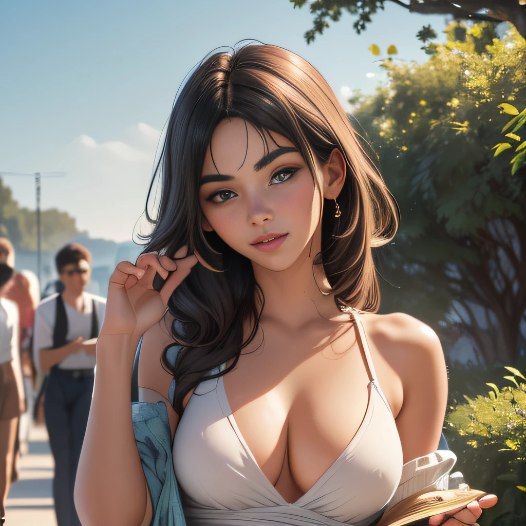 sfw, (Extremely detailed 8k wallpaper:2), (photo:2), (soigne Beautiful girl:2), (gives a lecture to friends:2), detailed (Face and eyes), (hyper realistic:1), (highly detailed:1), (epic realistic:1), rim light, (maximum details:1), cozy, (fullbody:1.0), (looking at viewer:2), (Woman's Attractive Qualities:2), (Attractive Woman:2), (Attractive:2), Smile, Intelligence, Empathy, Gracefulness, Sense of Style, Fitness, Grooming, Optimism, (Sensitivity:2), Sincerity, Romantic Gestures, Playfulness, Fashion Sense, (Sensuality:2), Charm, Modesty, Thoughtfulness, (Femininity:1), Flirtatiousness, Warmth, (Physical attractiveness:2), A beautiful smile, A love of life, strength and power, vulnerability, curiosity, wonder, love, (nature background:2), kawaii, waifu, Beautiful breasts, (attractive body:2), (Beautiful body:2), Beautiful pose, attractive pose, (Beautiful legs:1.0), (spread legs:1.0), (Beautiful clothes:1), (classic clothes:2), (elegant clothes:2), (European clothes:2), detailed clothes, (skirt:1), (blouse:1), (provocative pose)