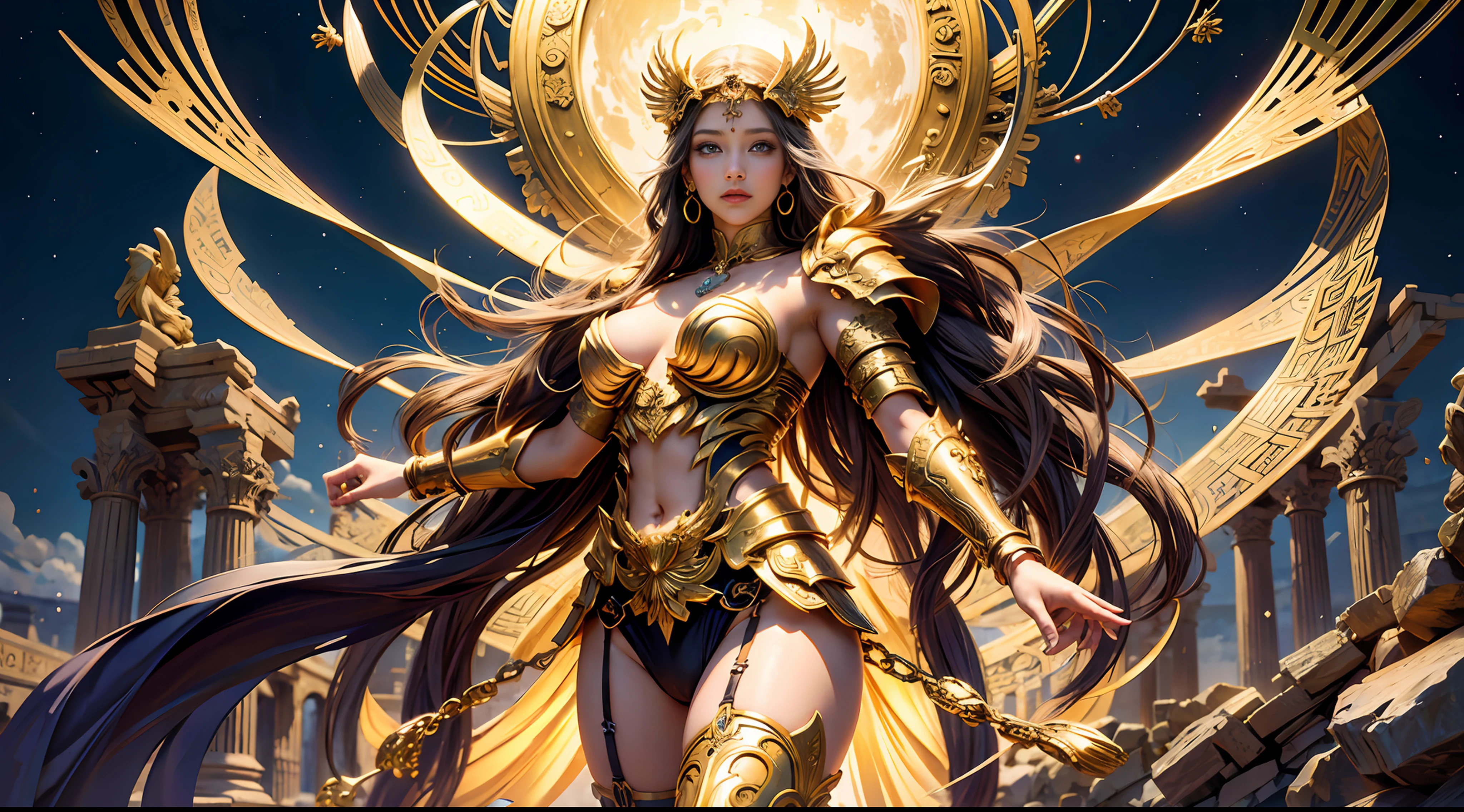 offcial art,统一 8k 壁纸,ultra - detailed,Beauty and aesthetics,high high quality,valkyrie,tmasterpiece,Best quality at best,(zentangle,datura,Tangles,entangled:0.6),greek temple,Large breasts,Heavy golden armor,complex patterns,magia
