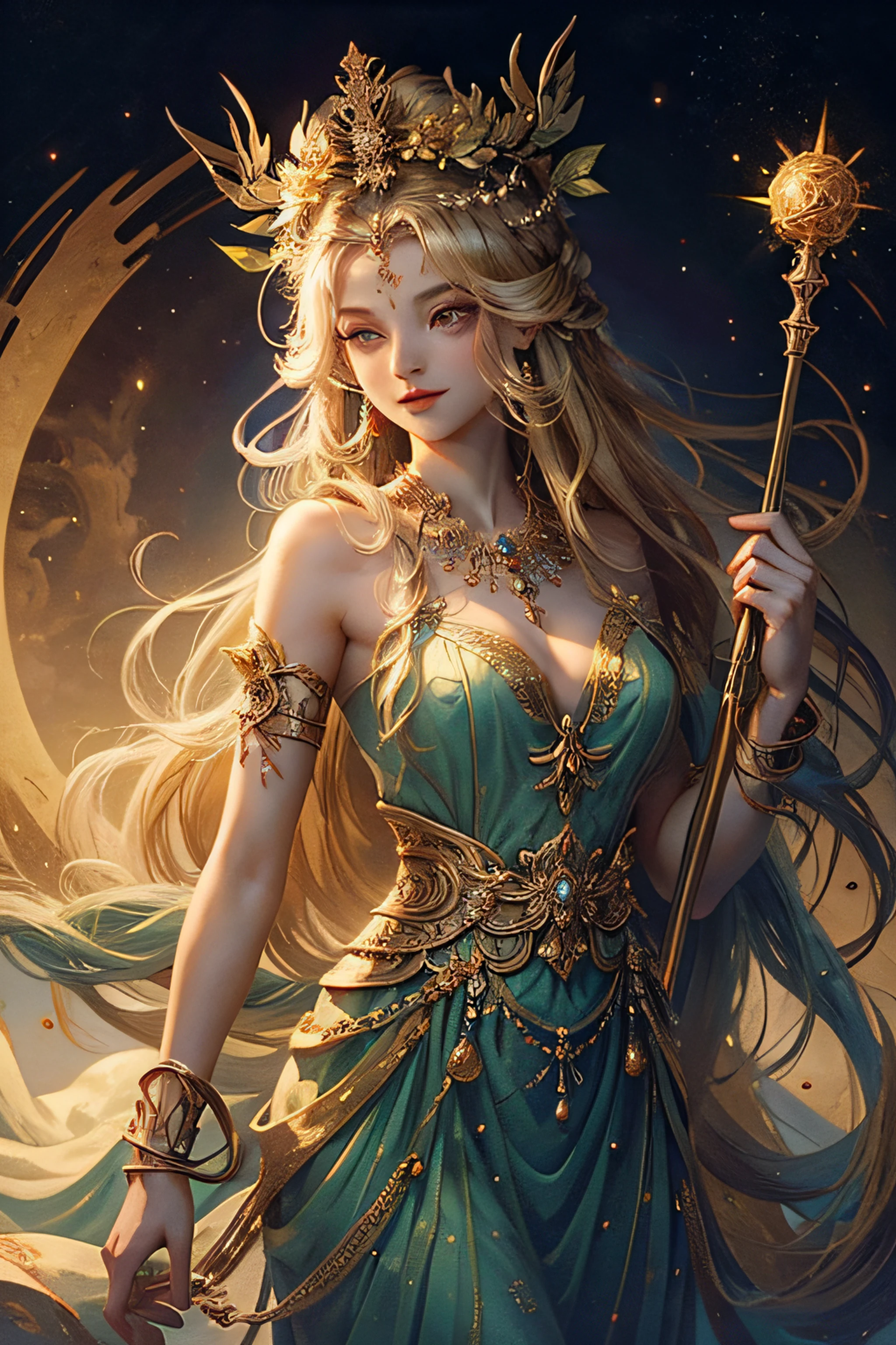 1girl, The goddess has long, beautiful hair and a gentle face.
She is a goddess wearing a beautiful dress and a wreath on her head.
The goddess holds a staff in her hand, and her staff is studded with jewels.
Goddess, she is standing above the clouds and the sun is shining.
The goddess gives happiness to those around her.