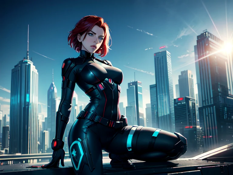 Outdoor, background futuristic city skyline, daytime, (bright blue sky). Cyberpunk Scarlett Johansson as Black Widow. Perfect pale green eyes, perfect anatomy. Best quality, sunlight, subject lit, sun flare
