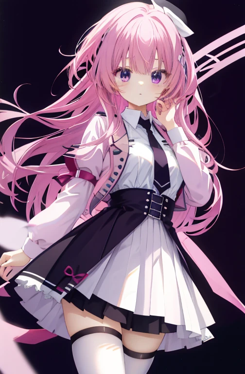 mitsukasa ayas，tmasterpiece，Best quality at best，A high resolution，pink hair with long strands，mediuml breasts，Purple eyes，black micro skirt，White top，black necktie，White stockings，Classroom background