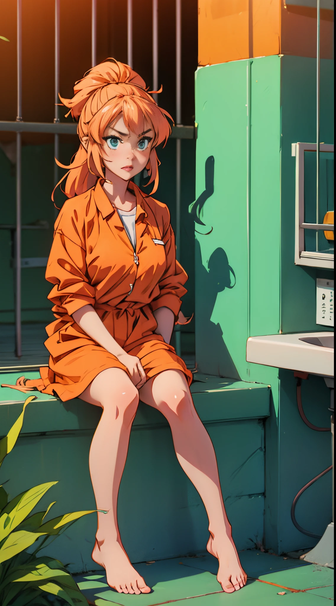 Anime beautiful prisoner in orange prison clothes，Barefoot